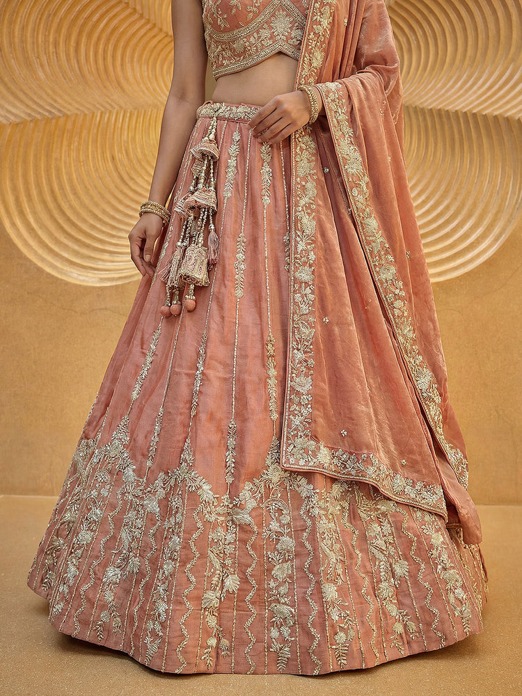 Burnished Rust Chiffon Sequin & Zari Thread Embroidered Lehenga Choli Set