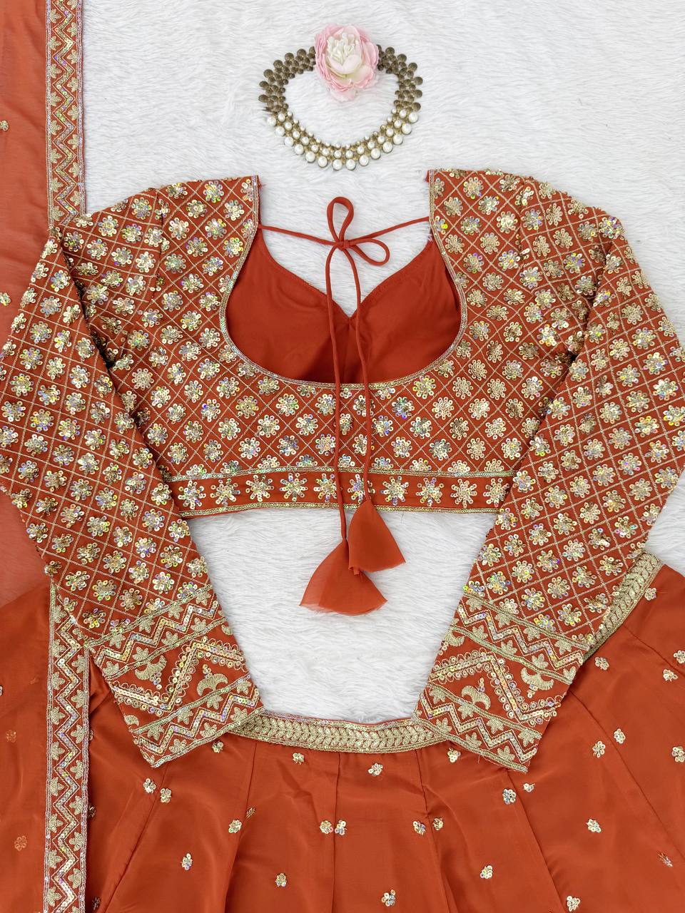 Burnt Orange Elegant Faux Georgette Embroidered Lehenga Choli with Dupatta