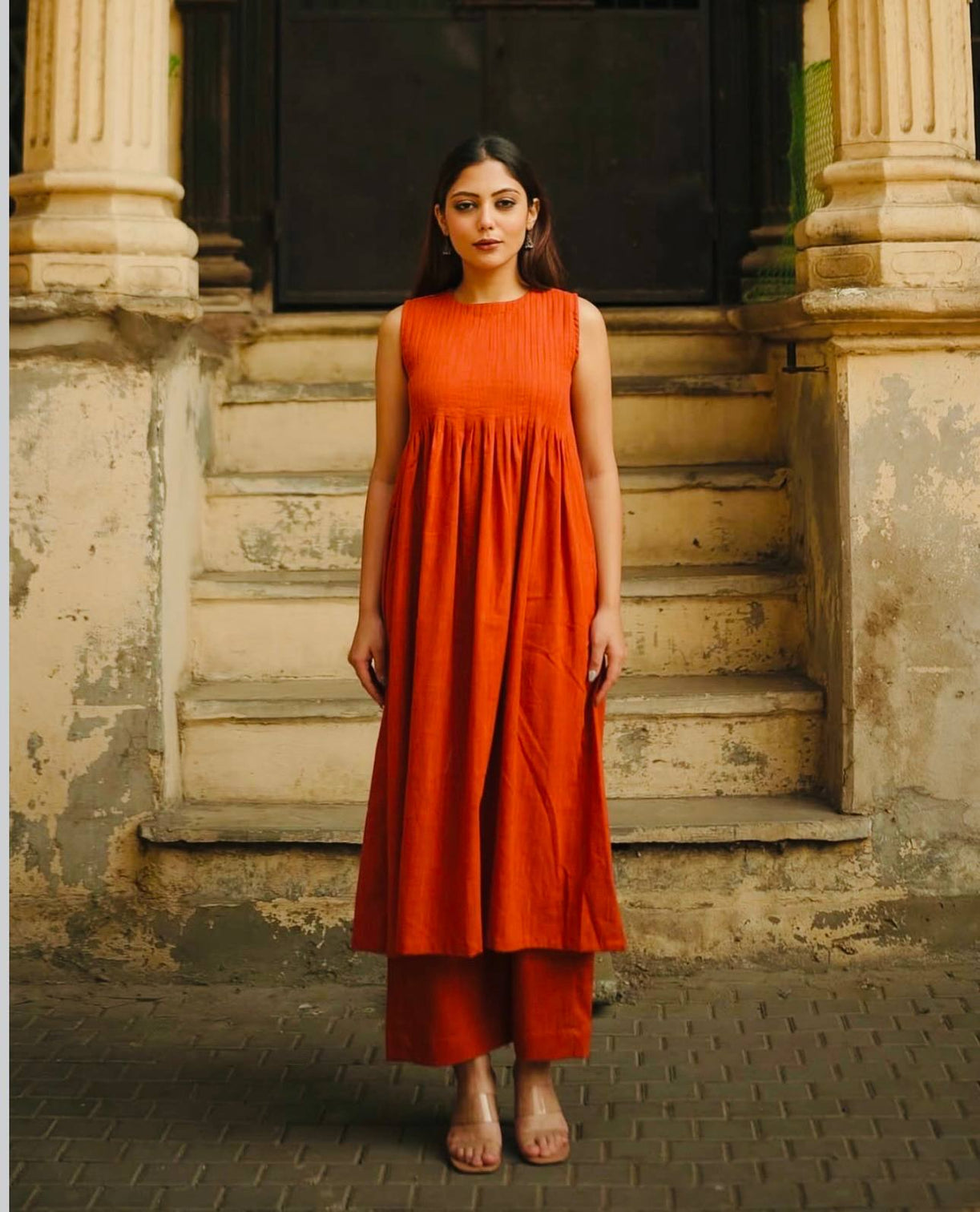 Burnt Orange Magic Slub Cotton Fully Stitched Top & Pant Set – Comfortable & Stylish Ethnic Wear
