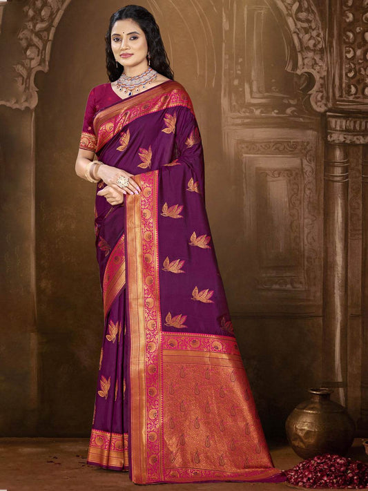 Wine Silk Saree With Blouse Piece