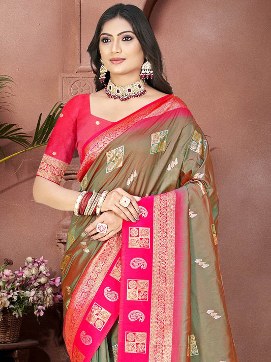 Olive Silk Saree With Blouse Piece