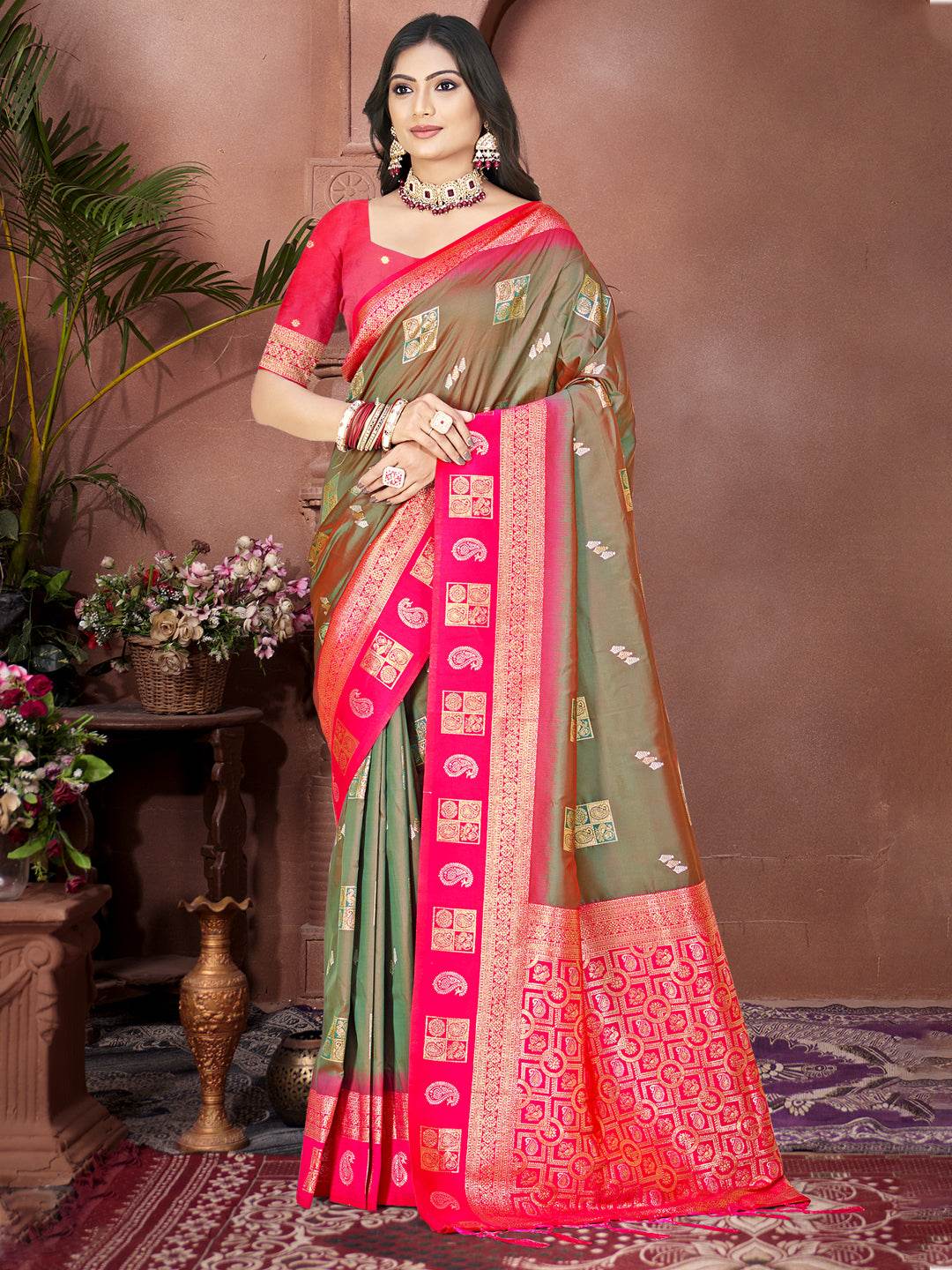Olive Silk Saree With Blouse Piece