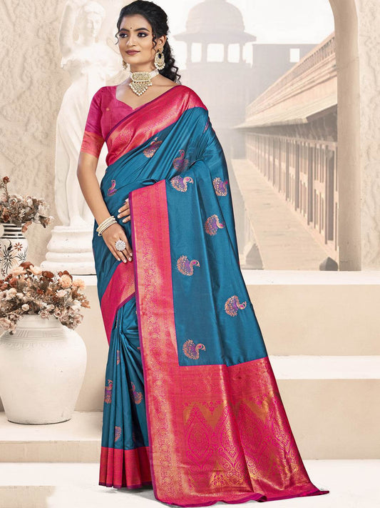 Blue Silk Saree With Blouse Piece