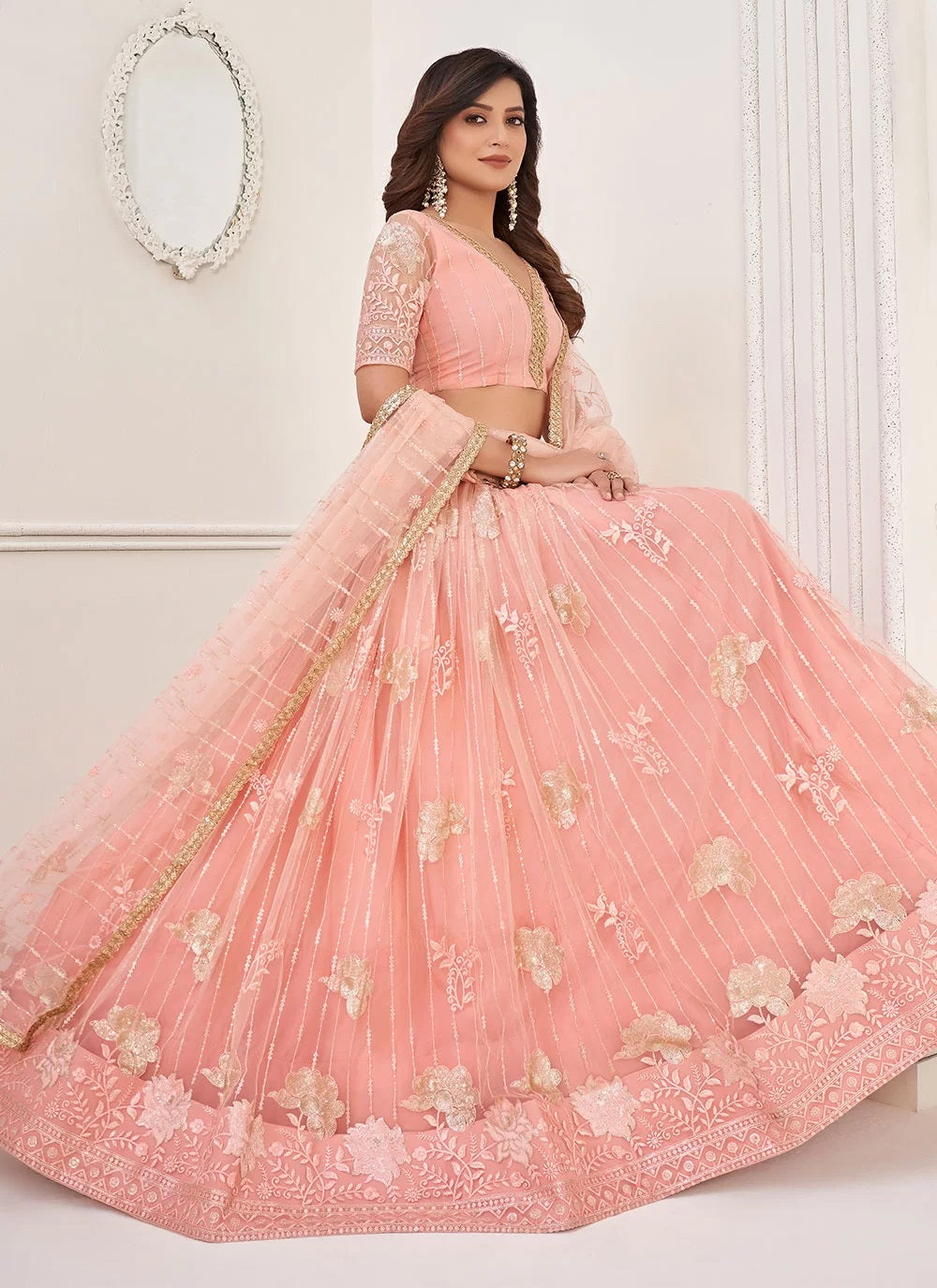 Butterfly net designer lehenga choli in peach