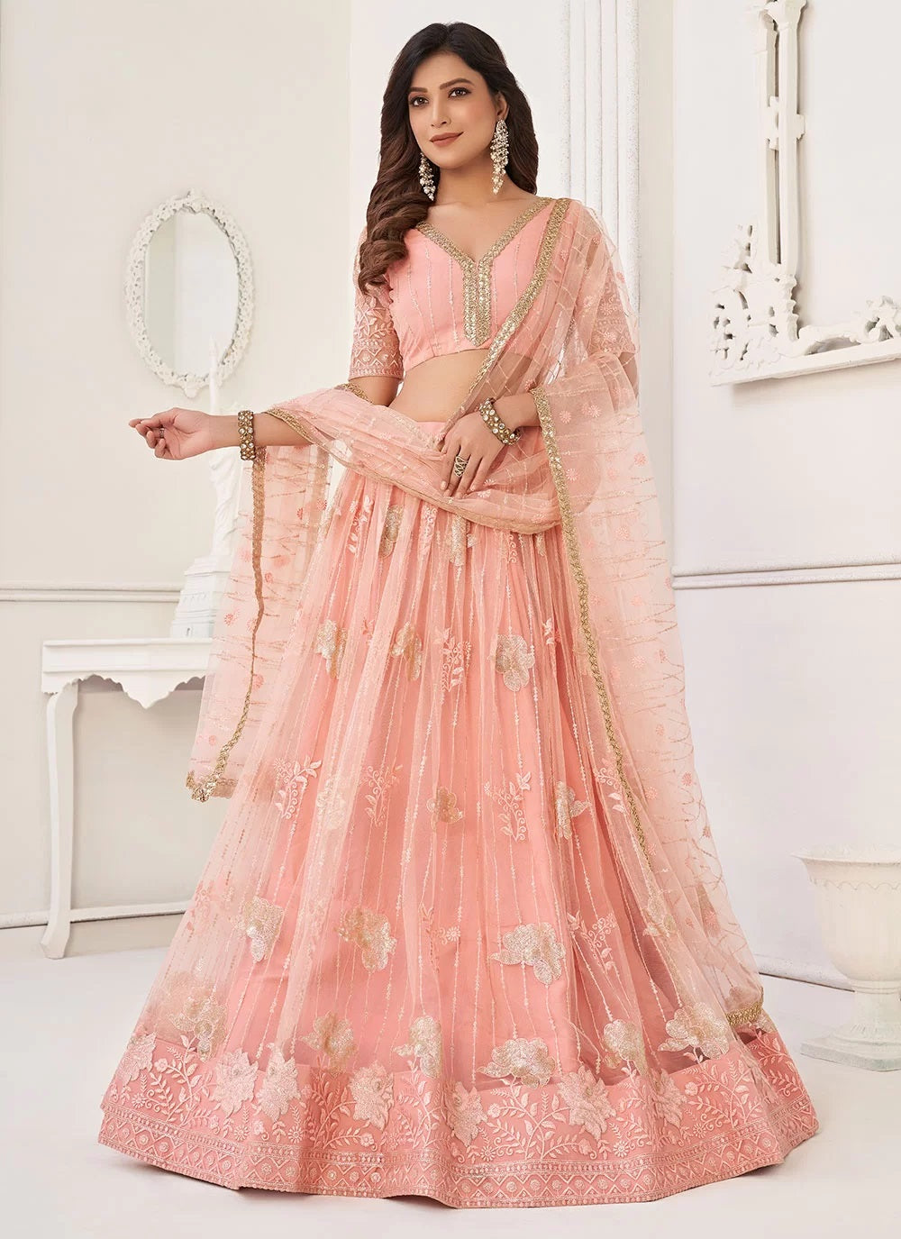 Butterfly net designer lehenga choli in peach