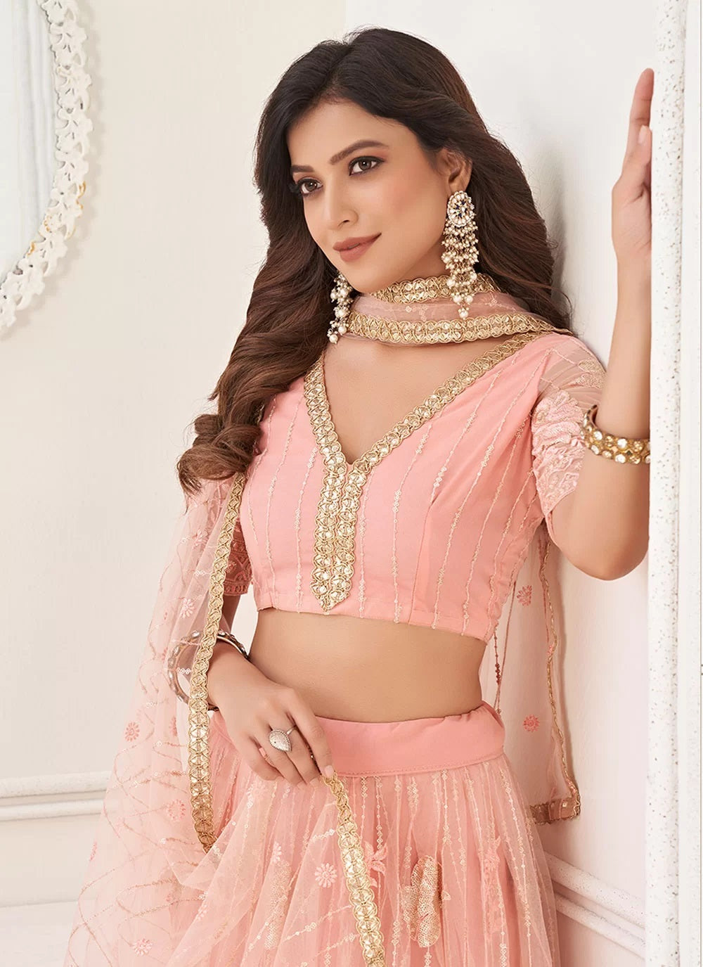 Butterfly net designer lehenga choli in peach