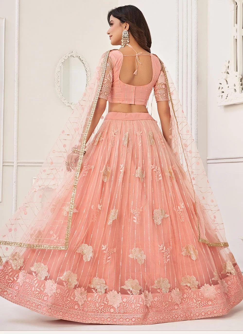 Butterfly net designer lehenga choli in peach