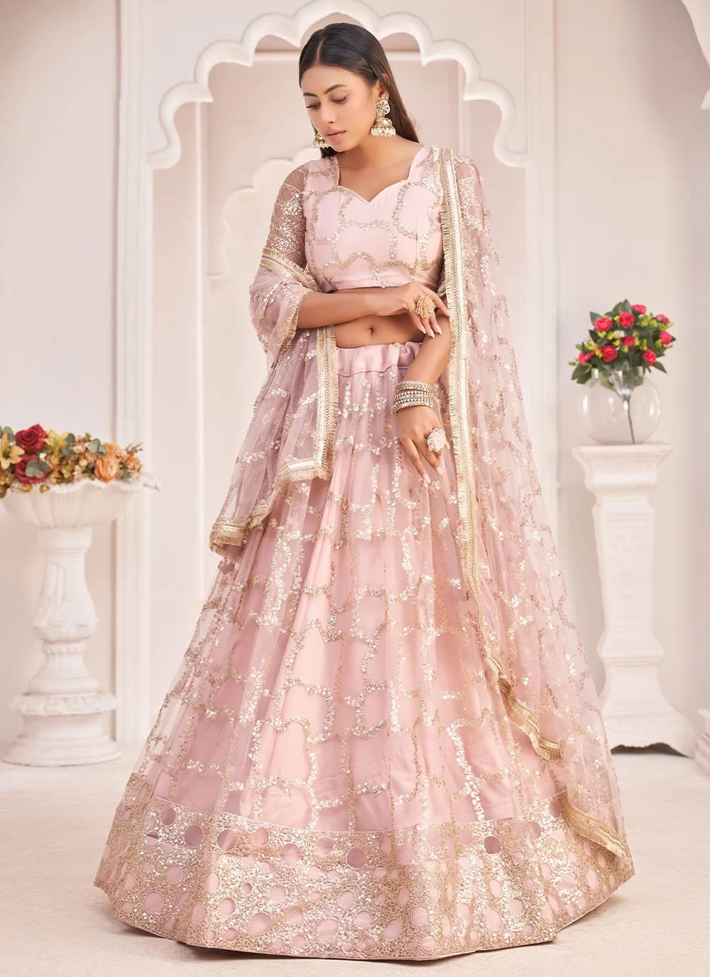Butterfly net thread and zari work lehenga for wedding