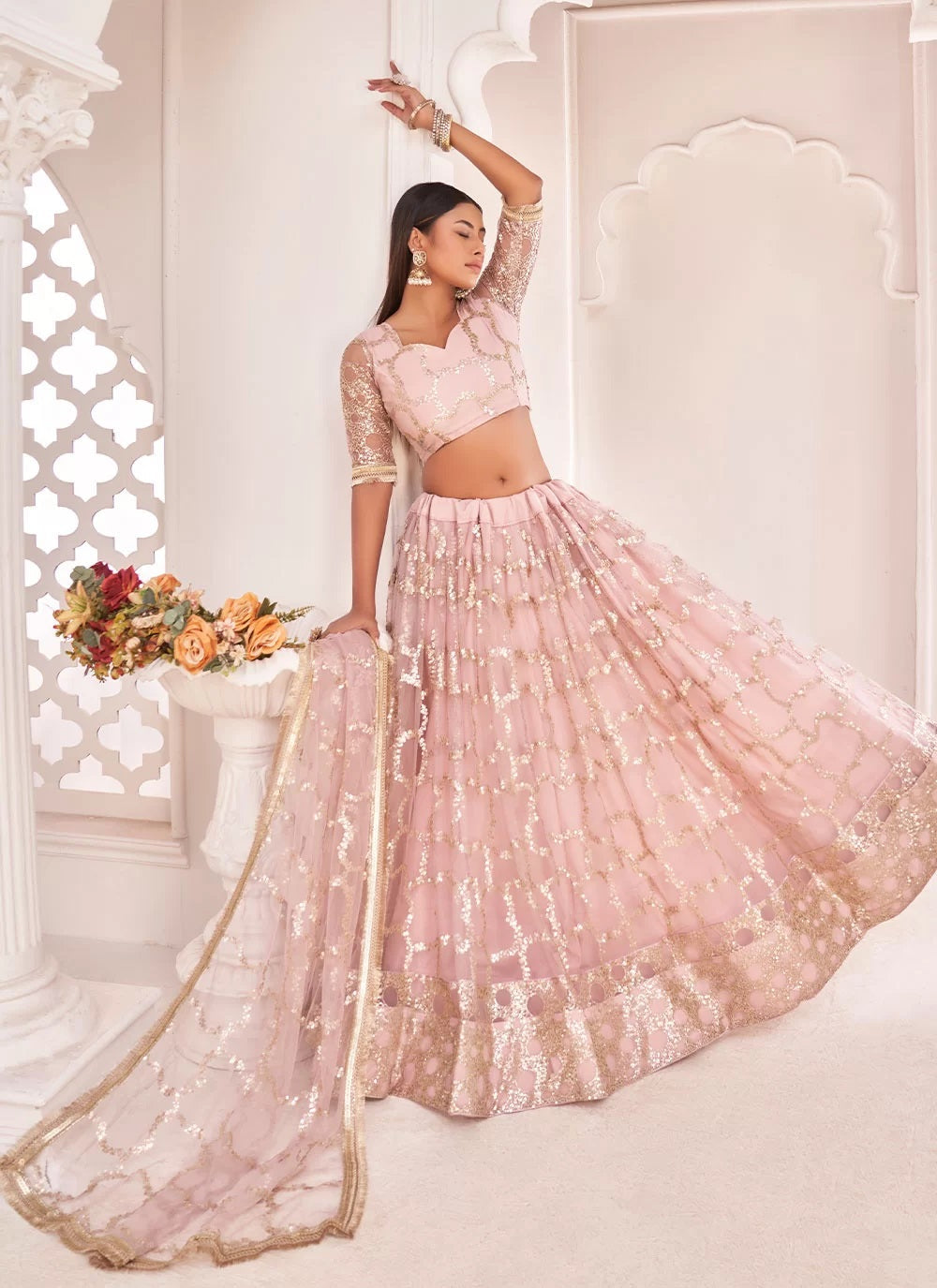 Butterfly net thread and zari work lehenga for wedding