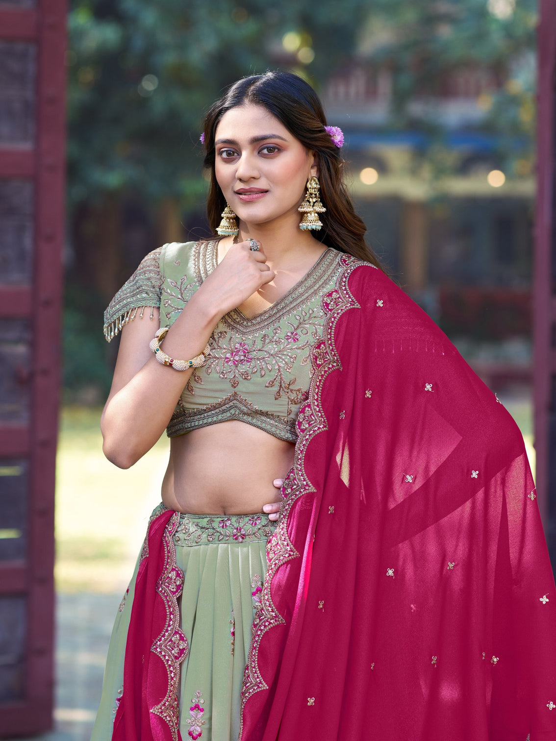 Pista color embroidery work chaniya choli