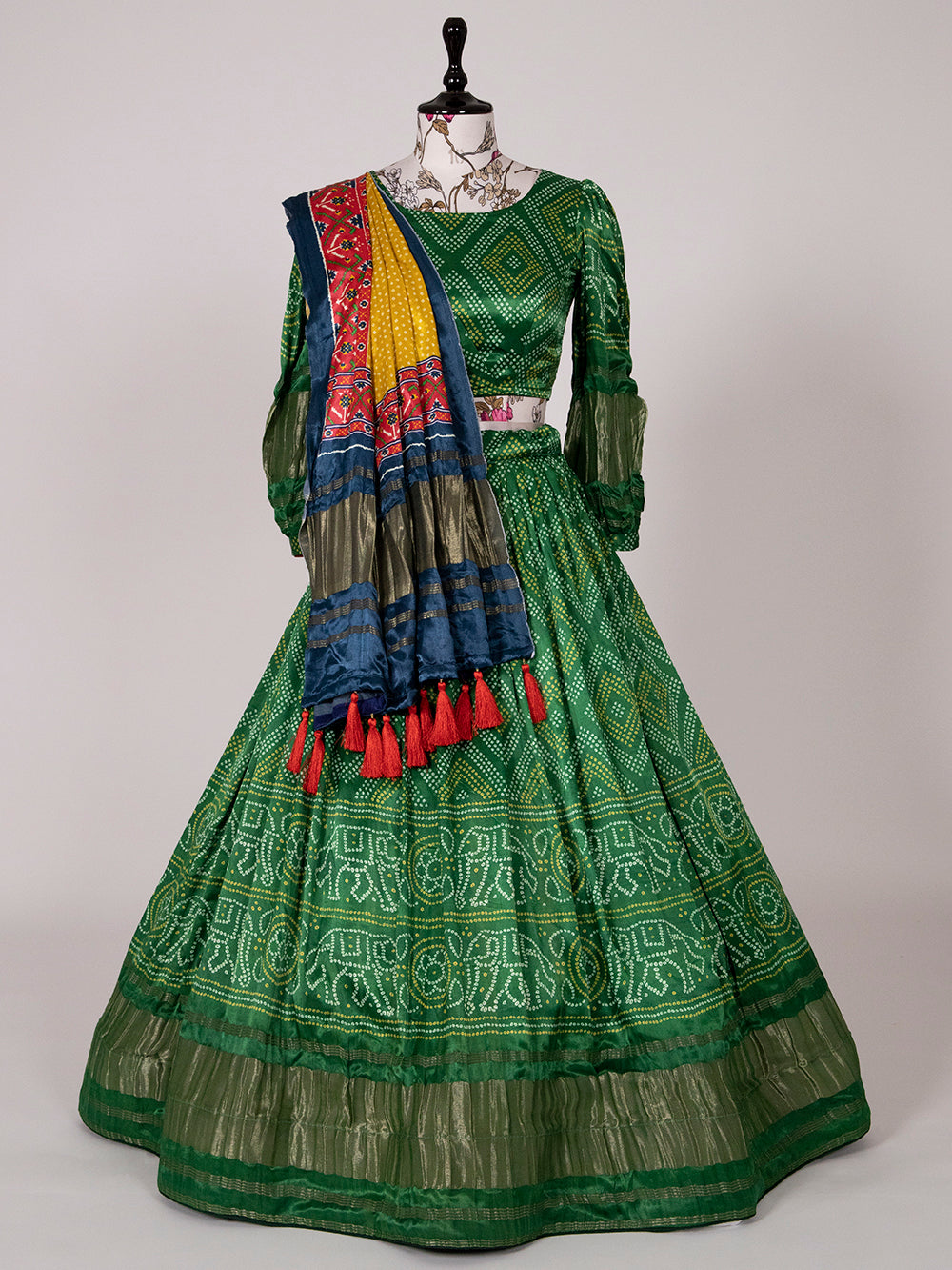 Green Color Bandhani Printed Pure Gaji Silk Gujarati Chaniya Choli
