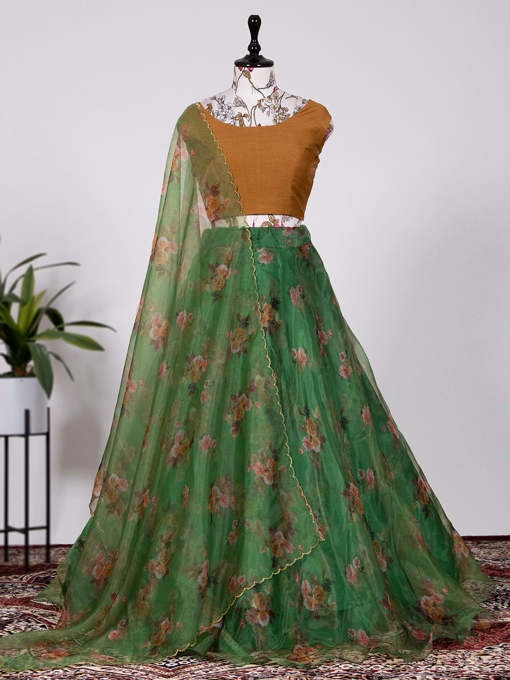 Green Color Digital Floral Print Organza Lehenga Choli