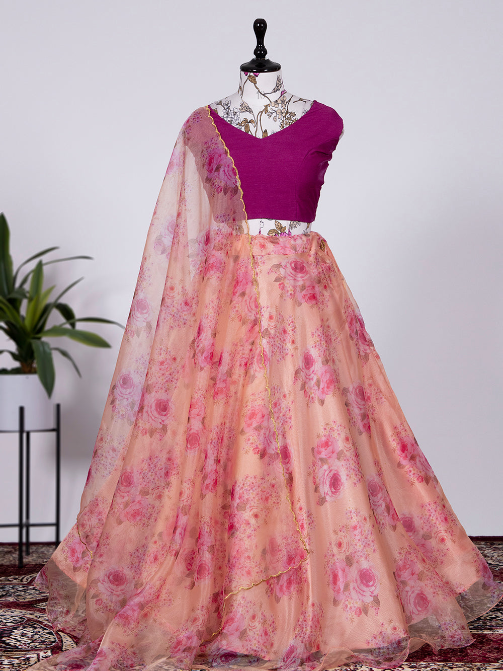 Peach Color Floral Printed Organza Lehenga Choli