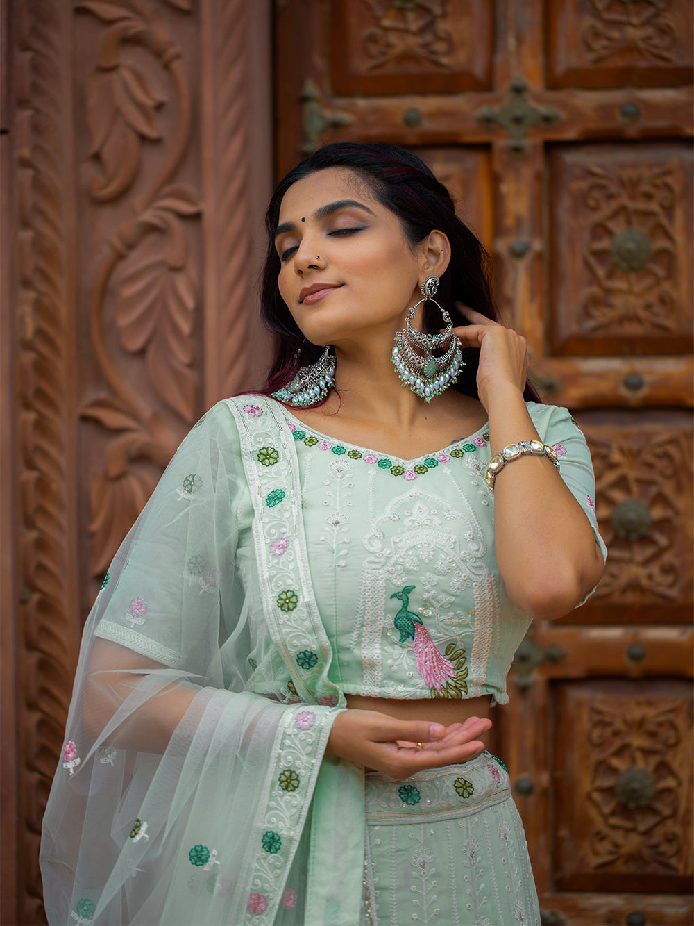 Pista Color Lucknowi Work Georgette Lehenga Choli