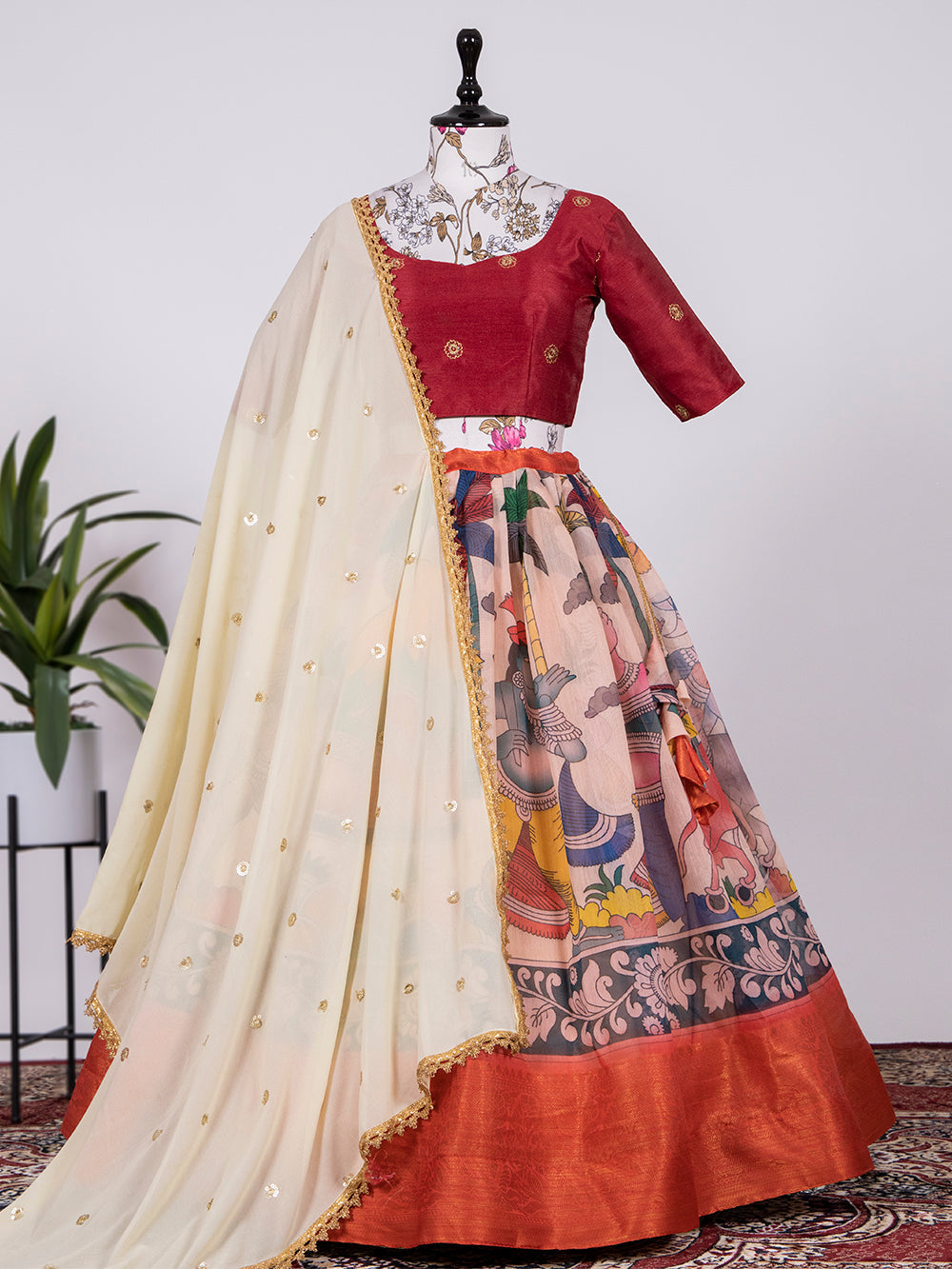Red Color Digital Printed Soft Cotton Half Saree Set Lehenga