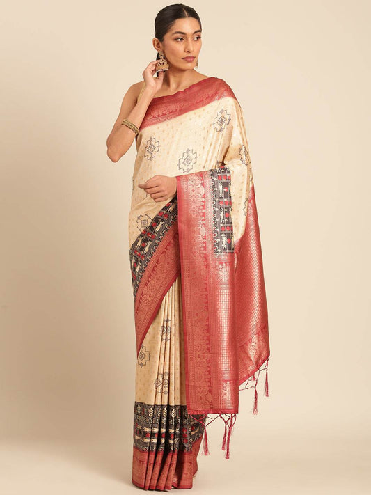 Cream Silk Saree With Blouse Piece