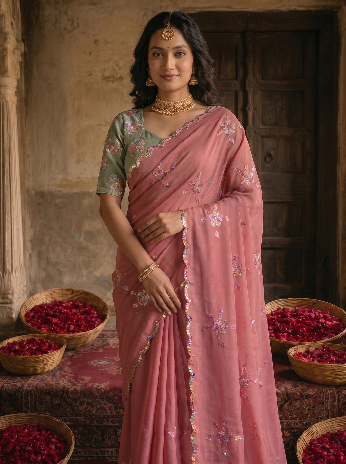 Dusty rose pink georgette embroidered saree with floral sequin work contrast designer blouse