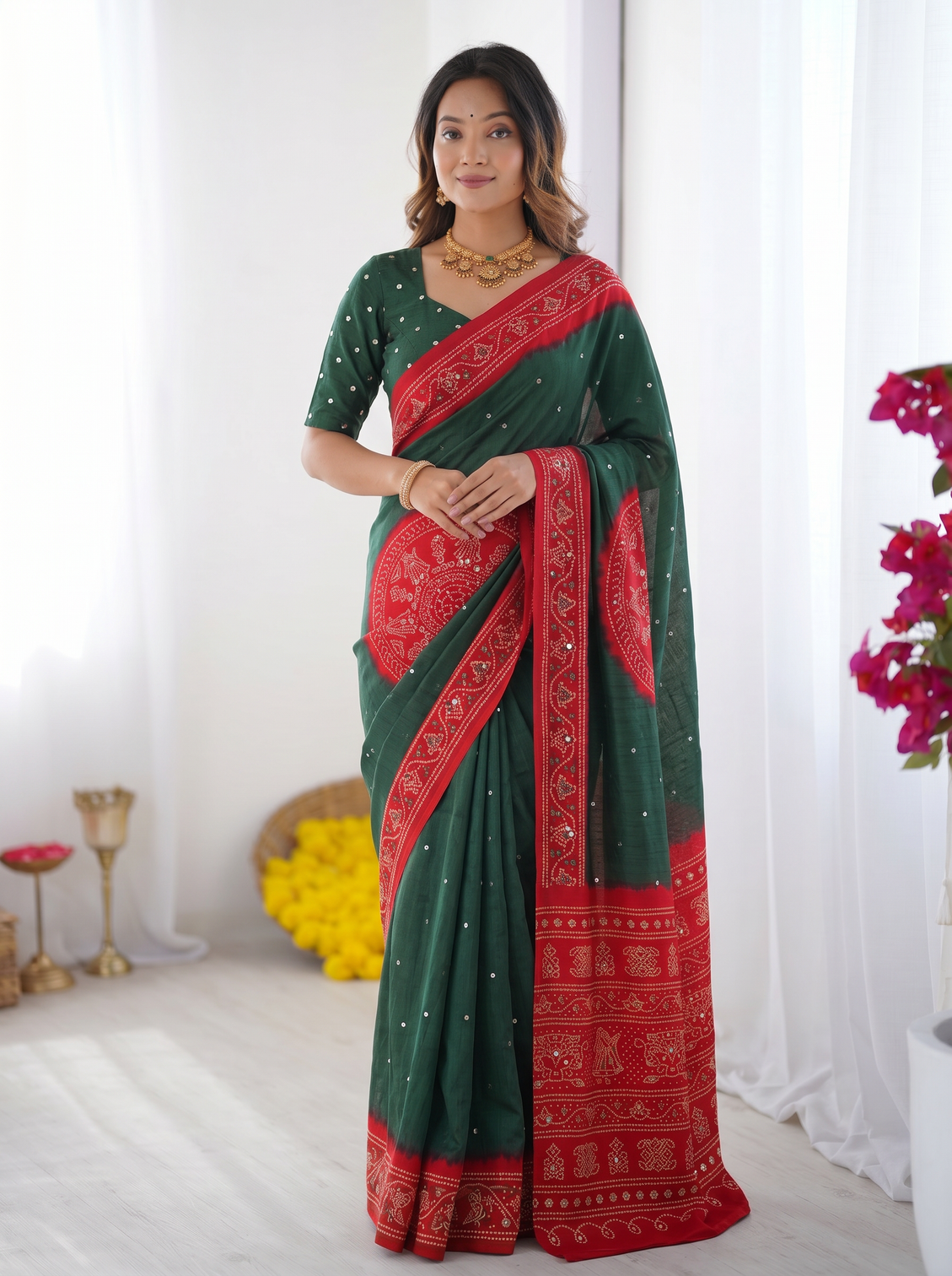 Bottle green ruby red bandhani inspired cotton silk saree with traditional folk print border designer pallu