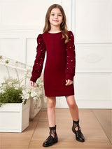 Girls Maroon Pearl Embellished Puff Sleeve Bodycon Dress