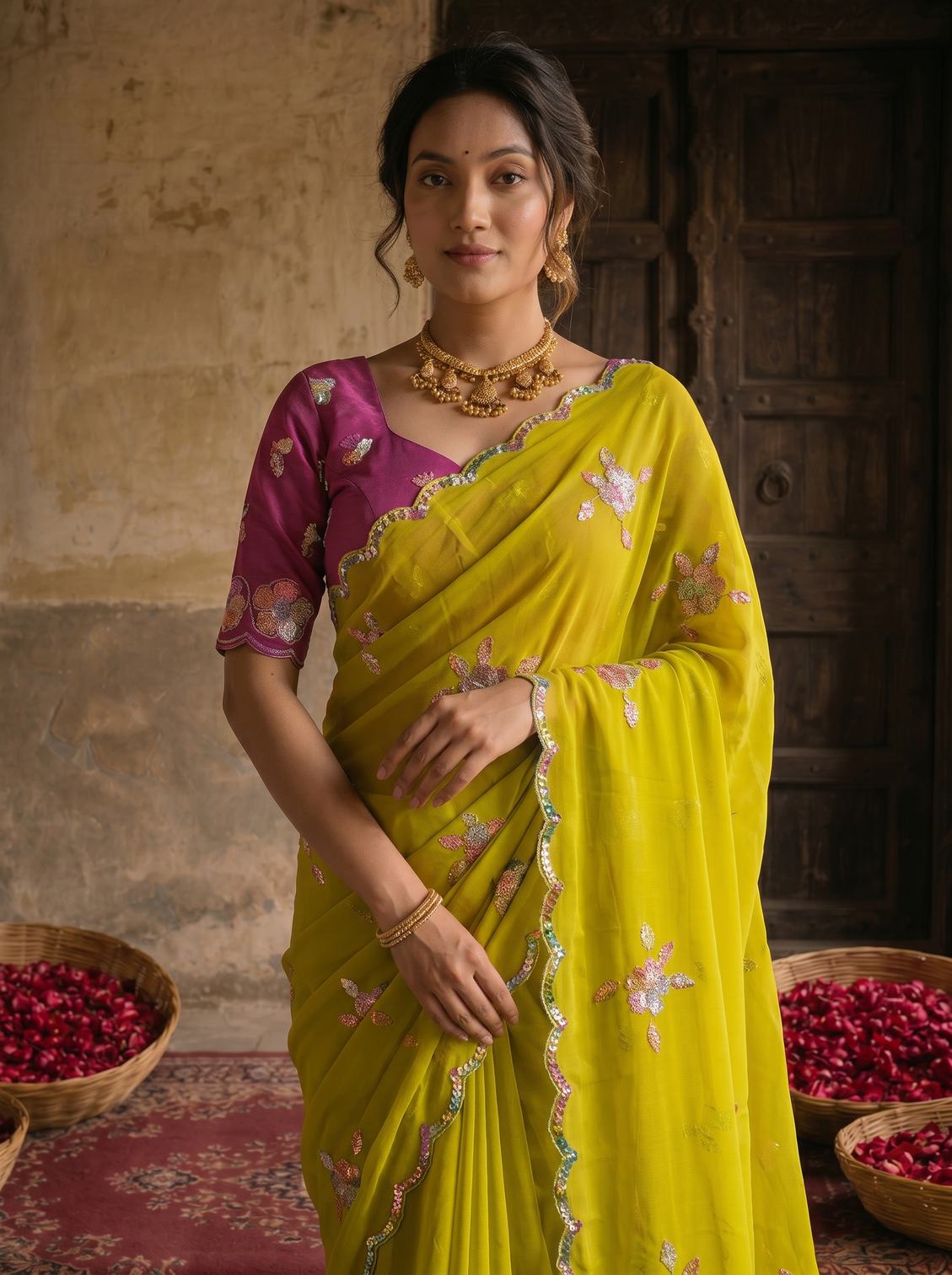 Lime yellow georgette embroidered saree with floral sequin work contrast magenta blouse