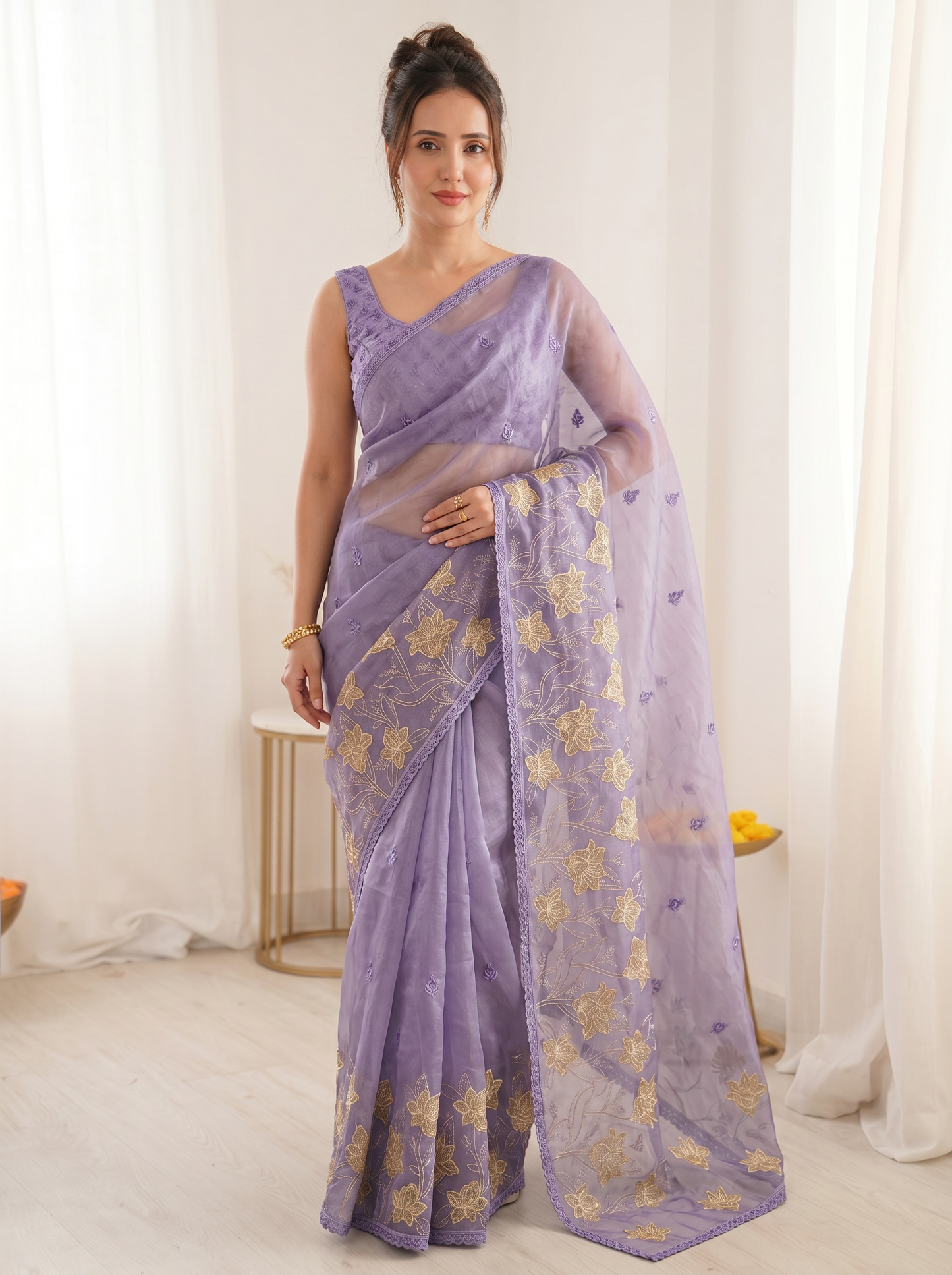 Lavender Pure Oris Silk Saree with Embroidered Lotus Buttis & Applique Border
