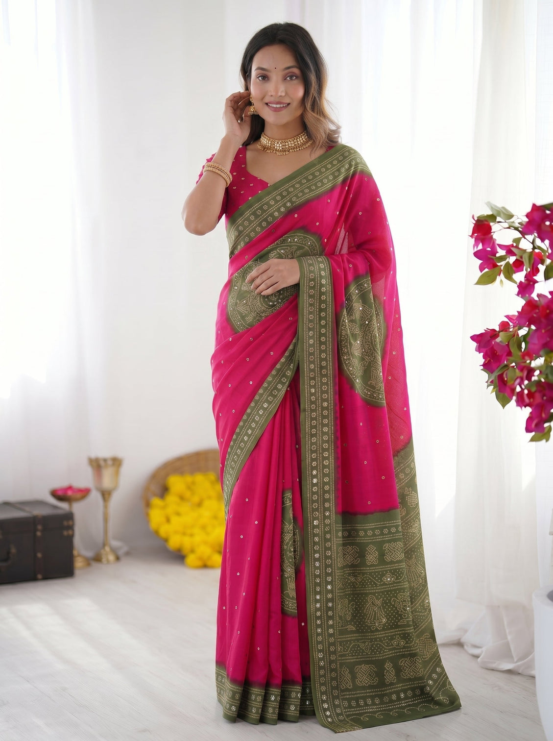 Rani pink olive green bandhani inspired modal silk saree with traditional folk print pallu stone embellishments mameraa