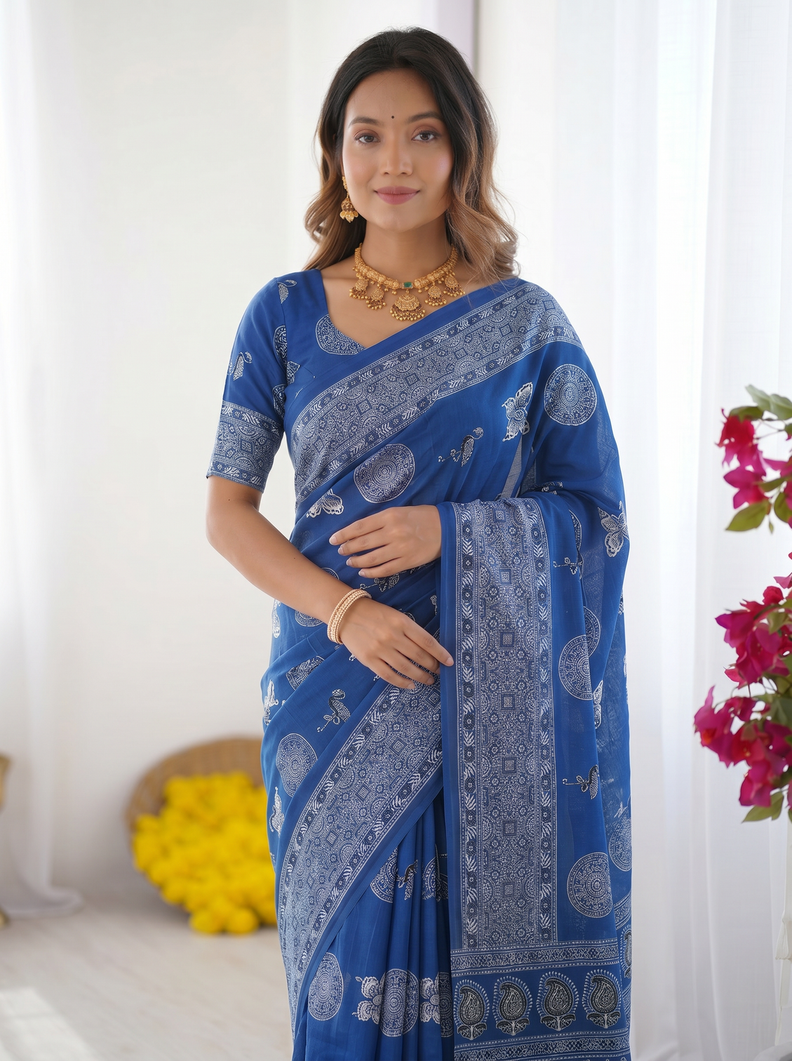 Royal blue modal silk saree with paisley circular motif print designer heritage pallu saree for festive wear