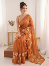 Orange Pure Oris Silk Saree with Embroidered Lotus Buttis & Applique Border