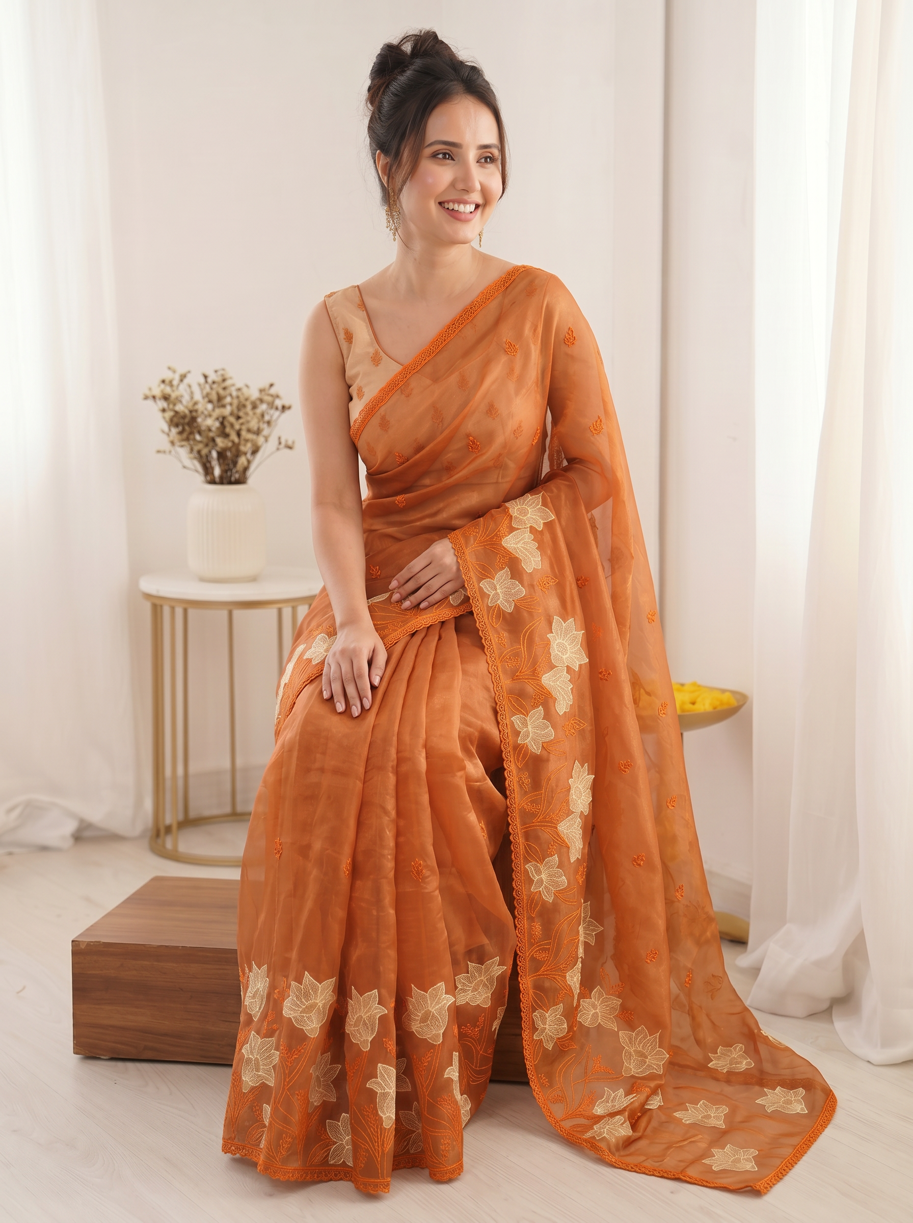 Orange Pure Oris Silk Saree with Embroidered Lotus Buttis & Applique Border