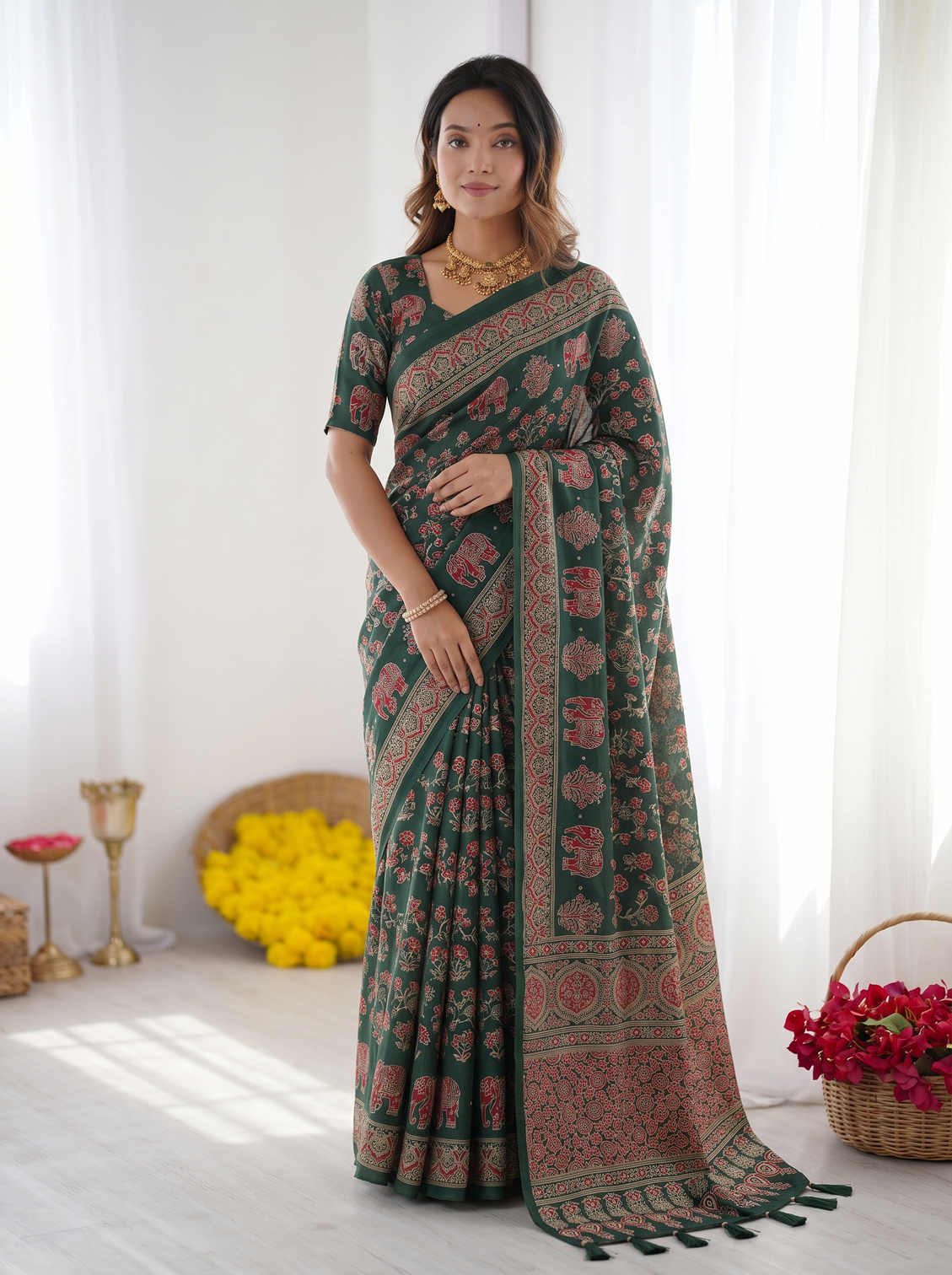 Forest green modal silk saree with elephant motif ajrakh print designer heritage pallu traditional festive wear saree mameraa