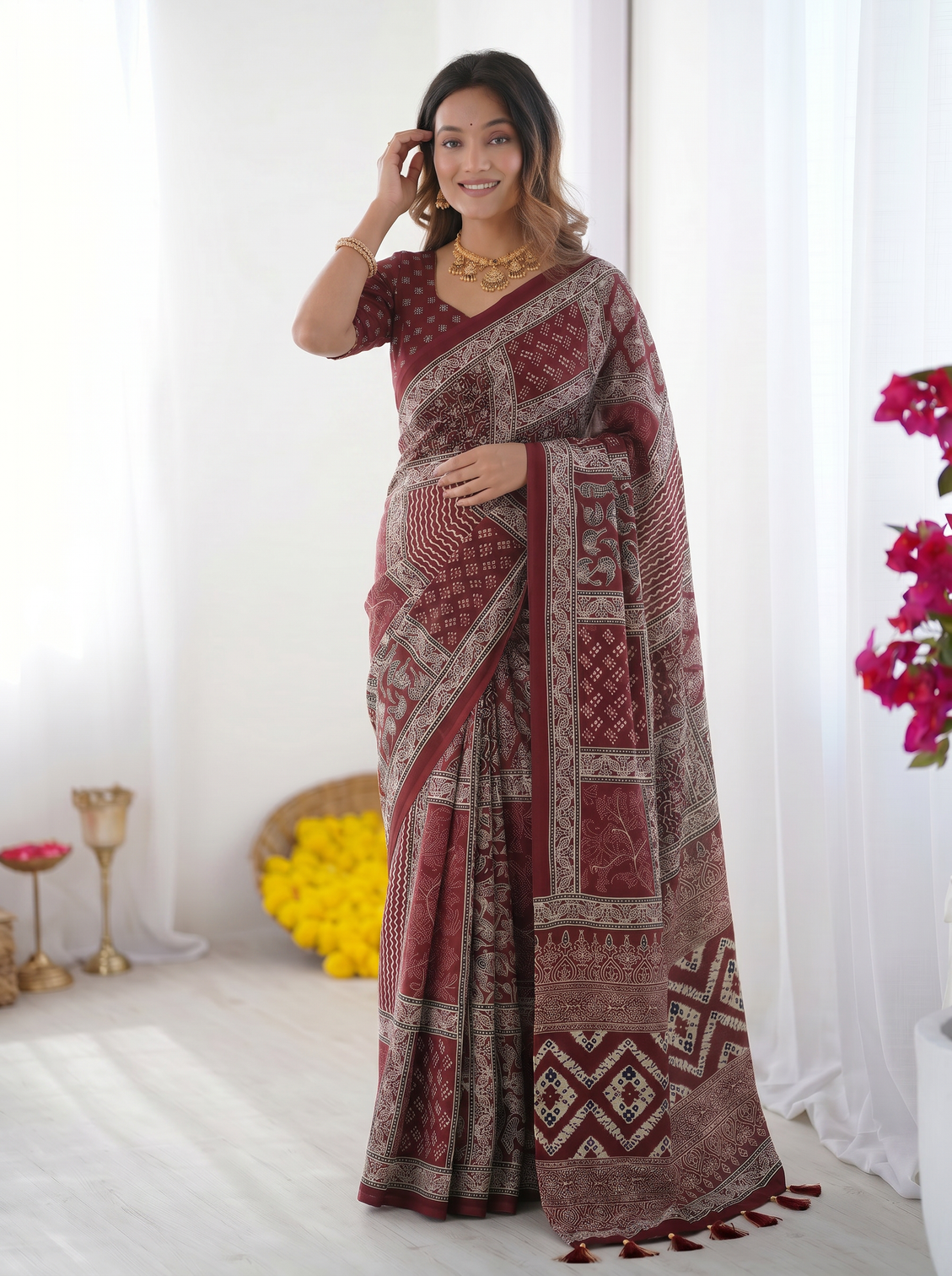 Maroon modal silk saree with tribal geometric print designer ethnic pallu saree for festive cultural wear