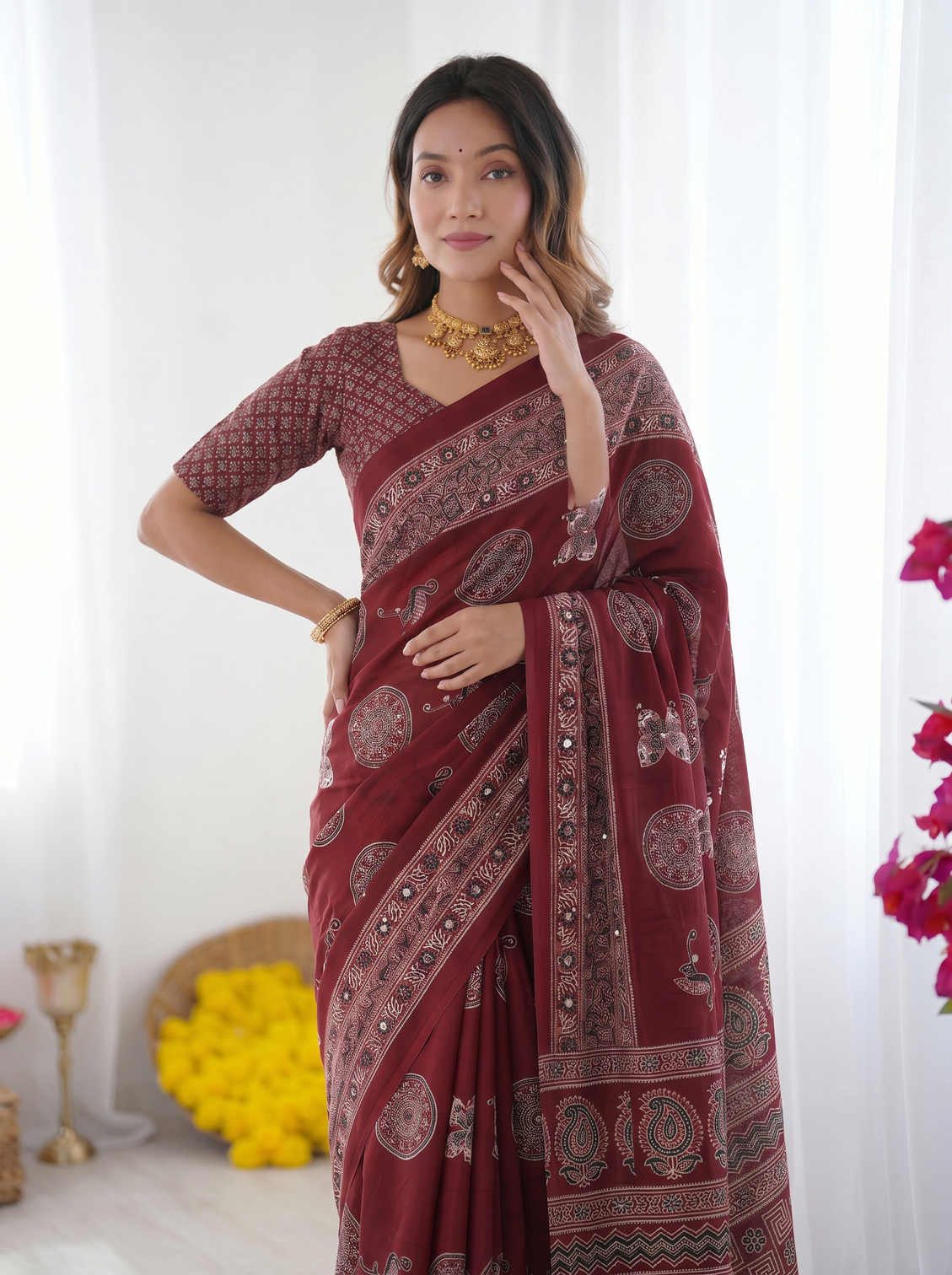 Maroon modal silk saree with paisley circular motif print designer heritage pallu saree for festive wear
