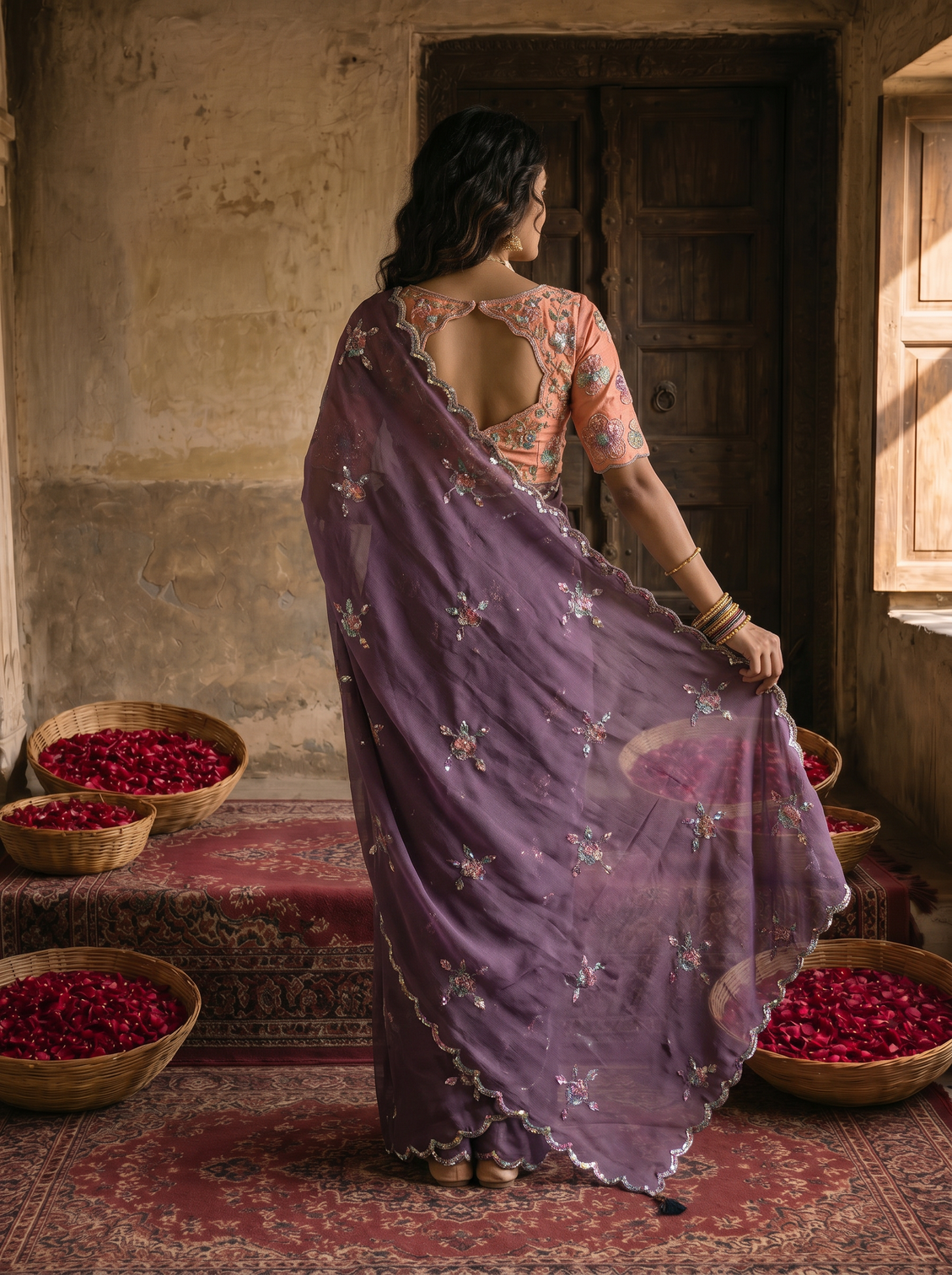 Dusty lavender georgette embroidered saree with floral sequin work peach designer blouse