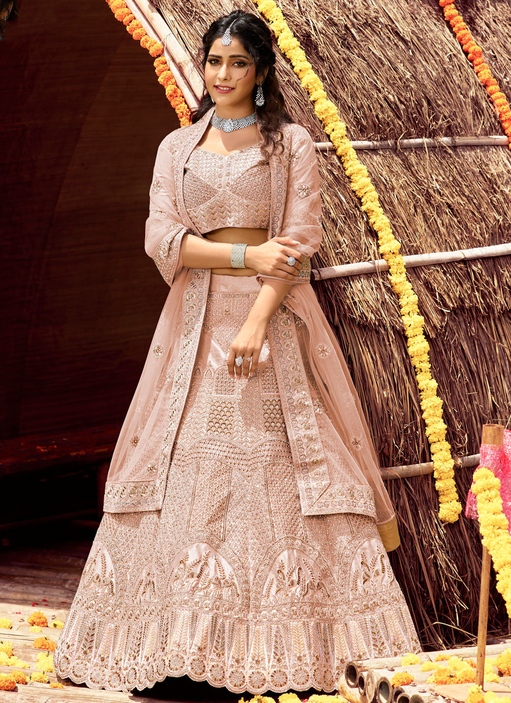 Beige Embroidered Velvet Semi Stitched Lehenga