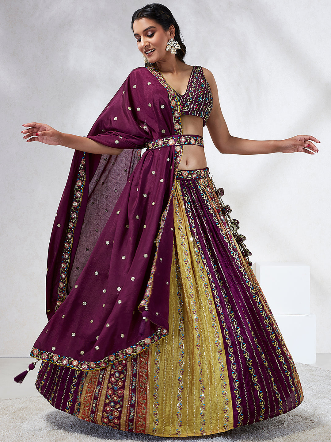 Captivating Burgundy Chiffon Lehenga Choli Set with Sequinned Embroidery and Position Print | burgundy, burgundy lehenga choli, chiffon, chiffon lehenga, embroidered, embroidered lehenga, festive, festive wear, festive wear lehenga, indian, indian wedding, indian wedding lehenga, position print, position print lehenga, semi-stitched, semi-stitched lehenga choli set, sequined, sequined lehenga, wedding | MarMera