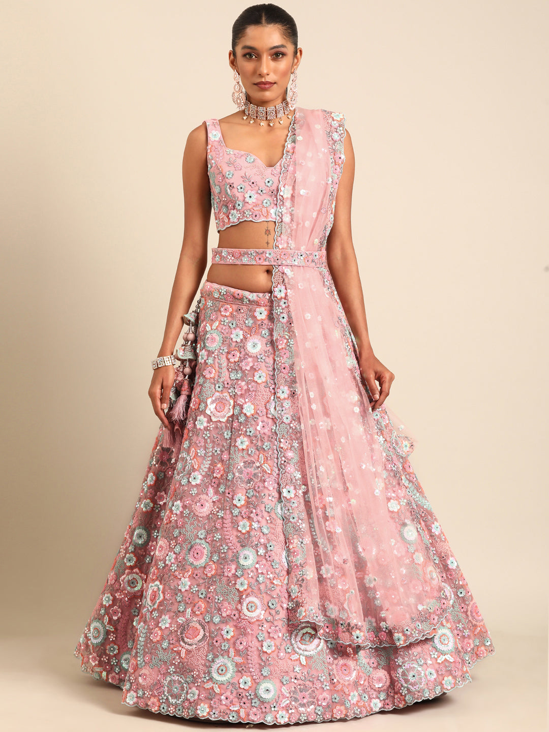 Captivating Coral Pink Net Lehenga Choli Set with Mirror Work and Sequins