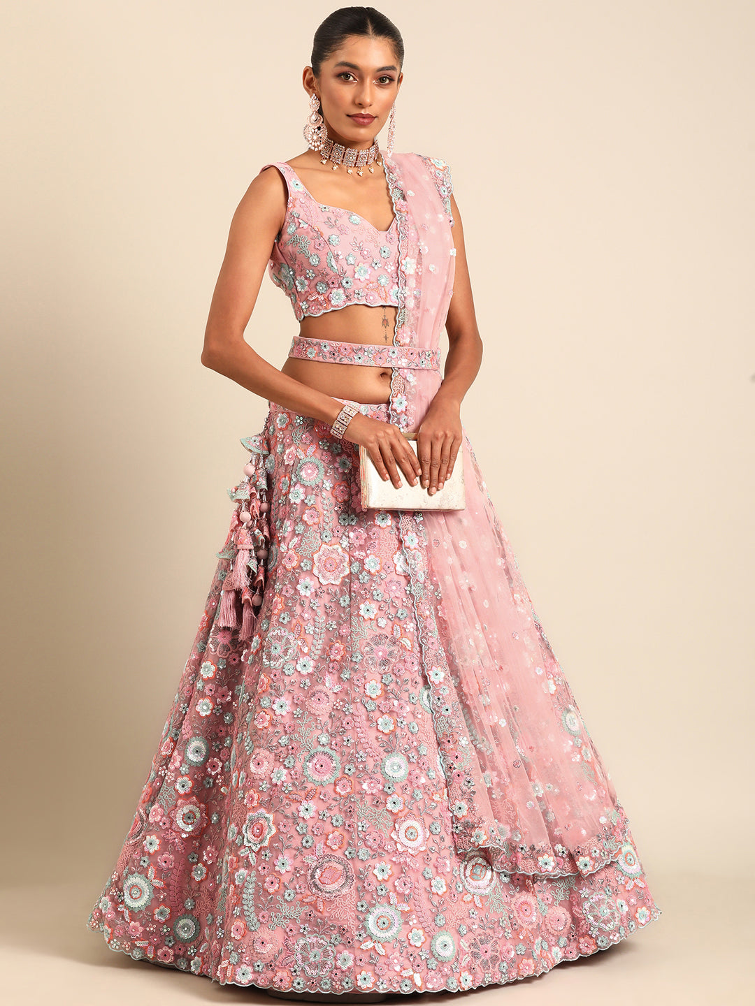 Captivating Coral Pink Net Lehenga Choli Set with Mirror Work and Sequins