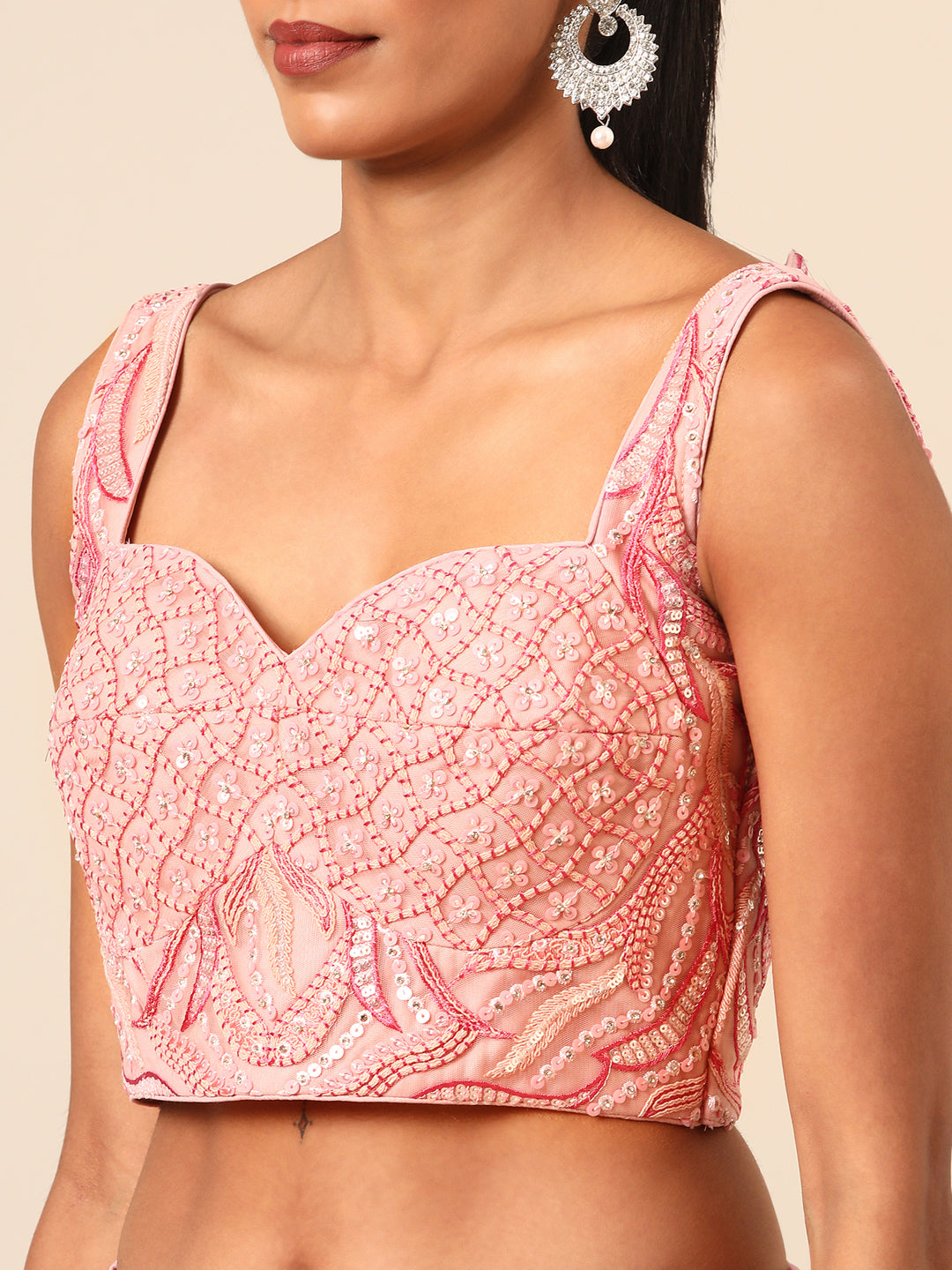Captivating Coral Pink Net Lehenga Choli Set with Zardosi Embroidery