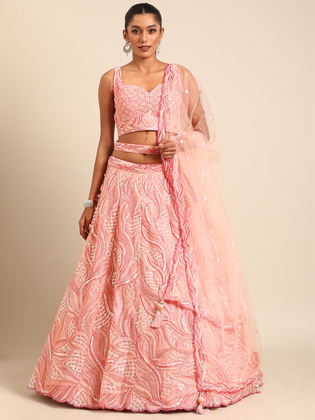 Captivating Coral Pink Net Lehenga Choli Set with Zardosi Embroidery
