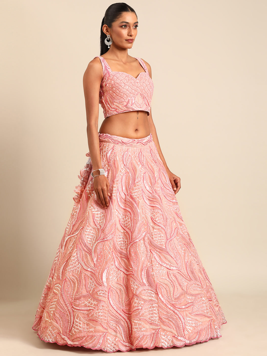 Captivating Coral Pink Net Lehenga Choli Set with Zardosi Embroidery