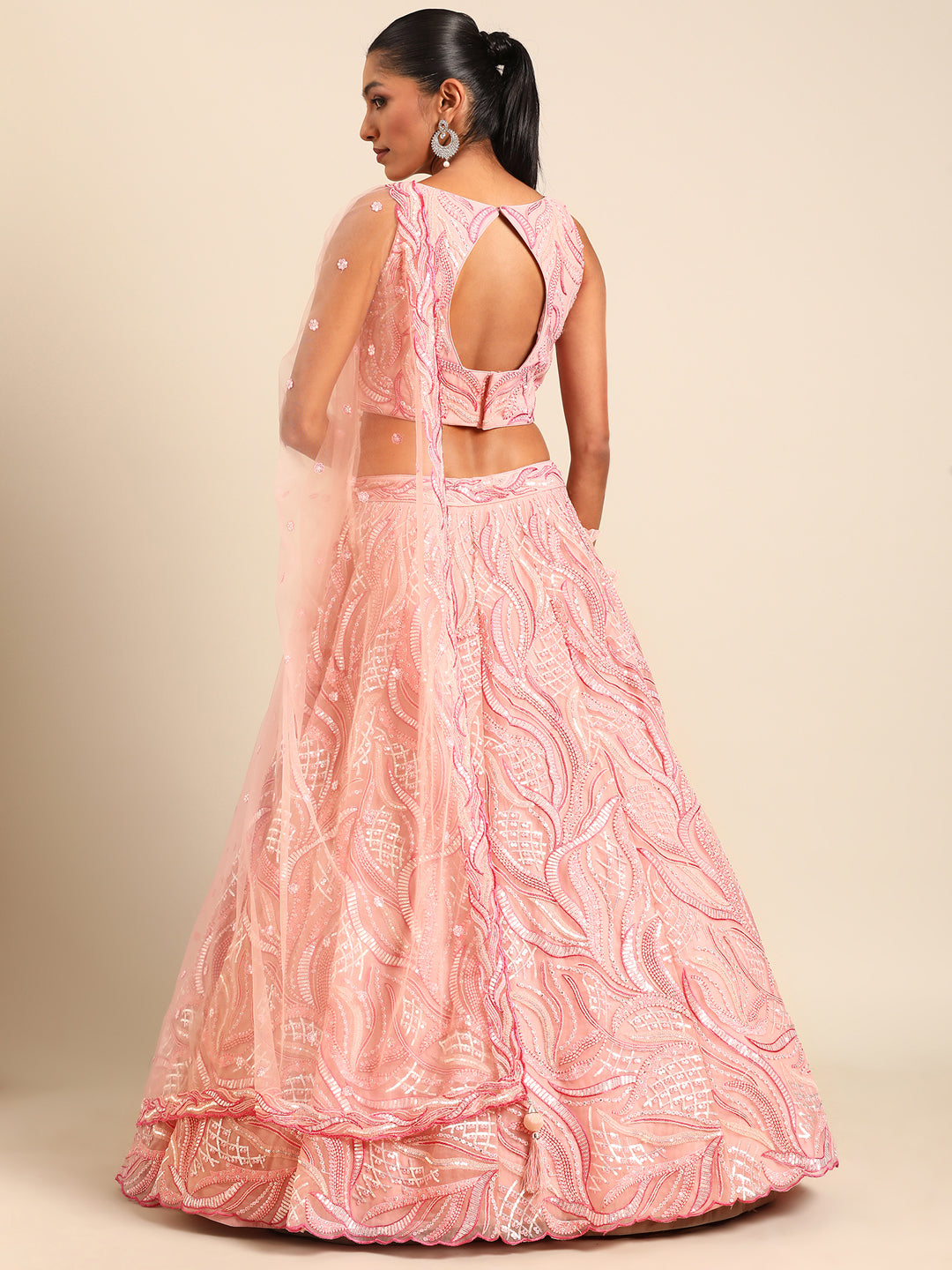 Captivating Coral Pink Net Lehenga Choli Set with Zardosi Embroidery