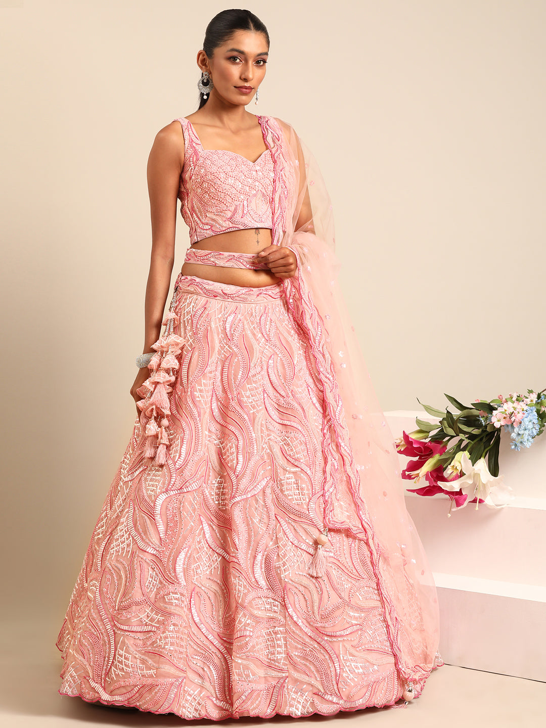 Captivating Coral Pink Net Lehenga Choli Set with Zardosi Embroidery