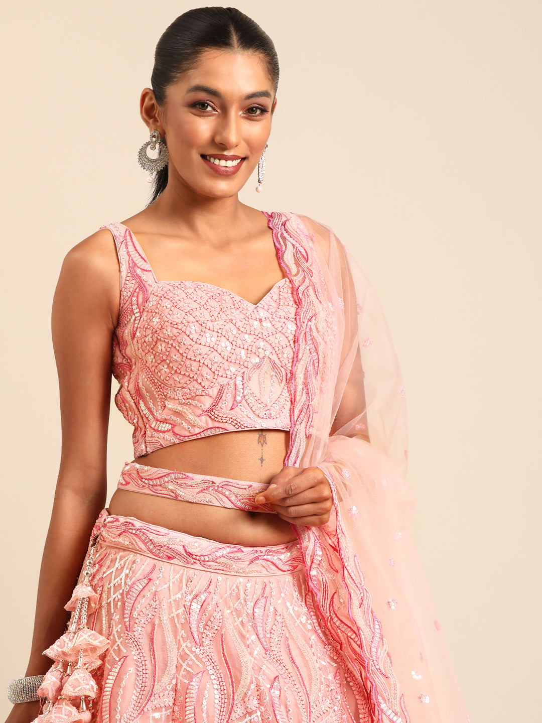 Captivating Coral Pink Net Lehenga Choli Set with Zardosi Embroidery