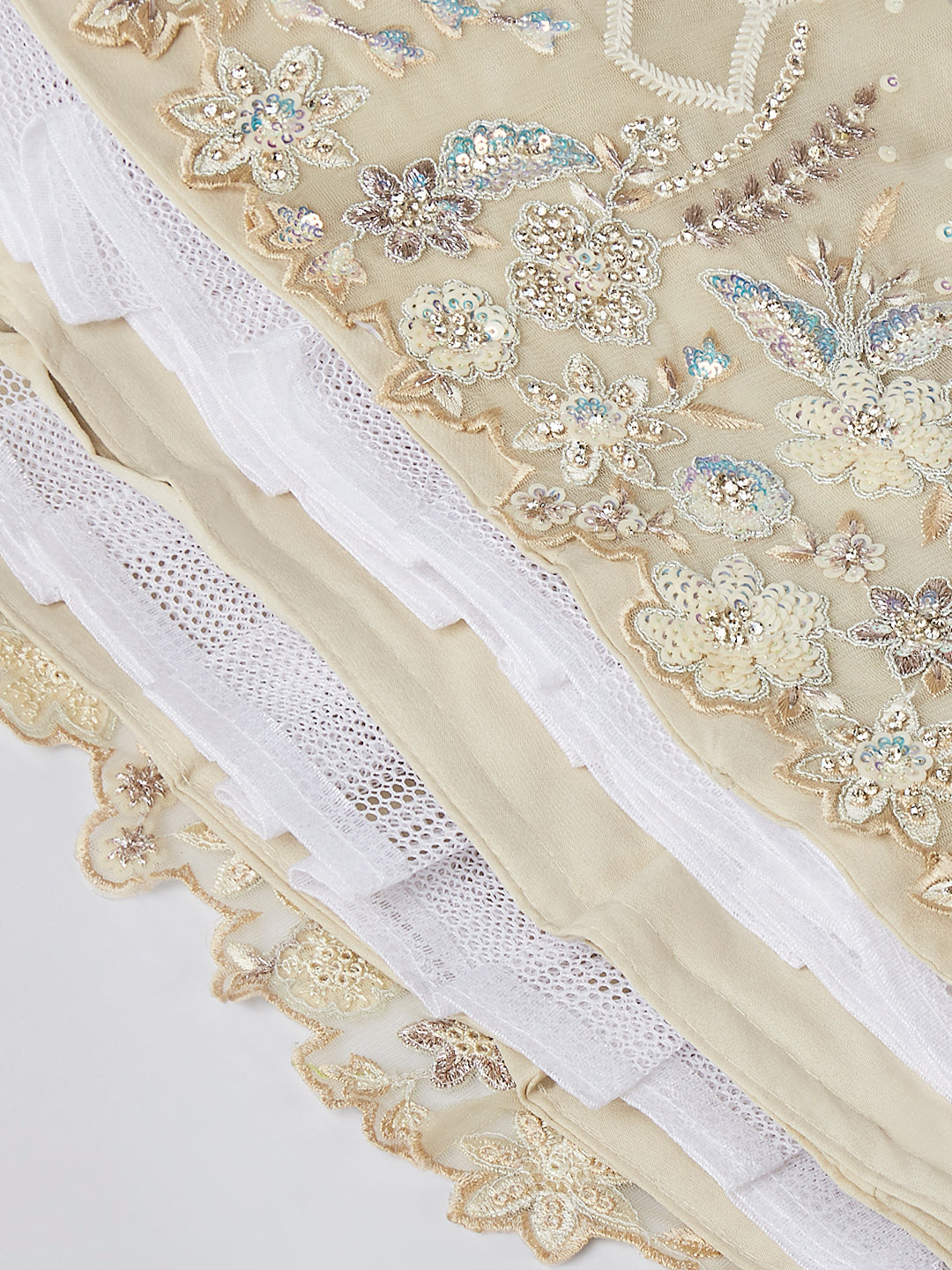 Captivating Cream Net Lehenga with Sequin & Zari Embellishments