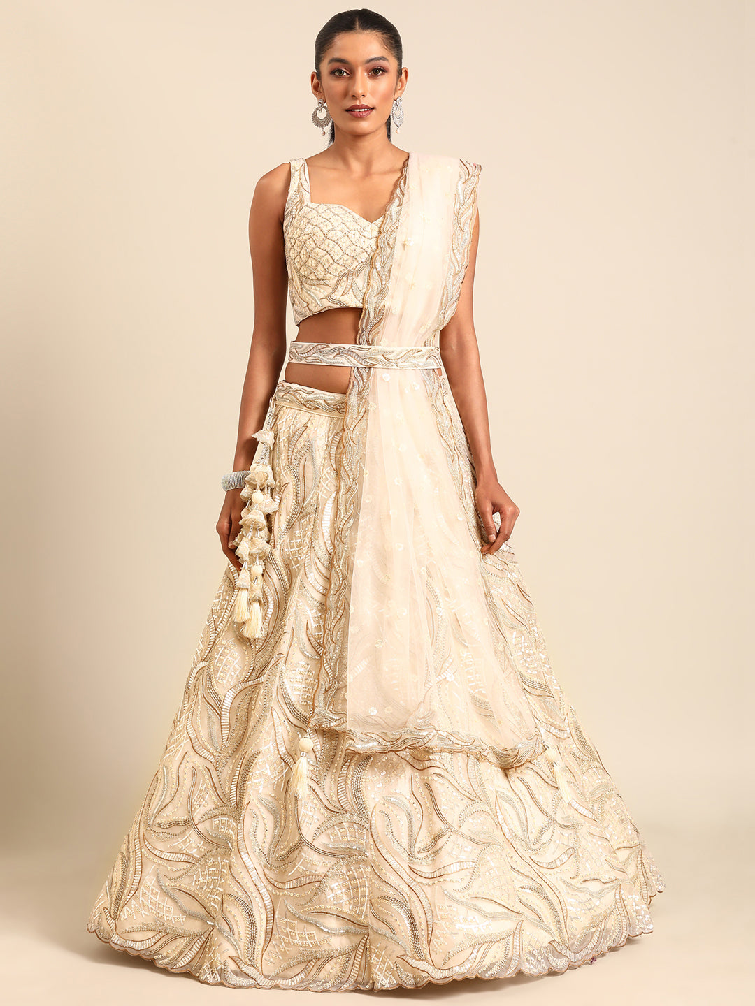 Captivating Cream Zari and Sequin Embroidered Lehenga Choli Set