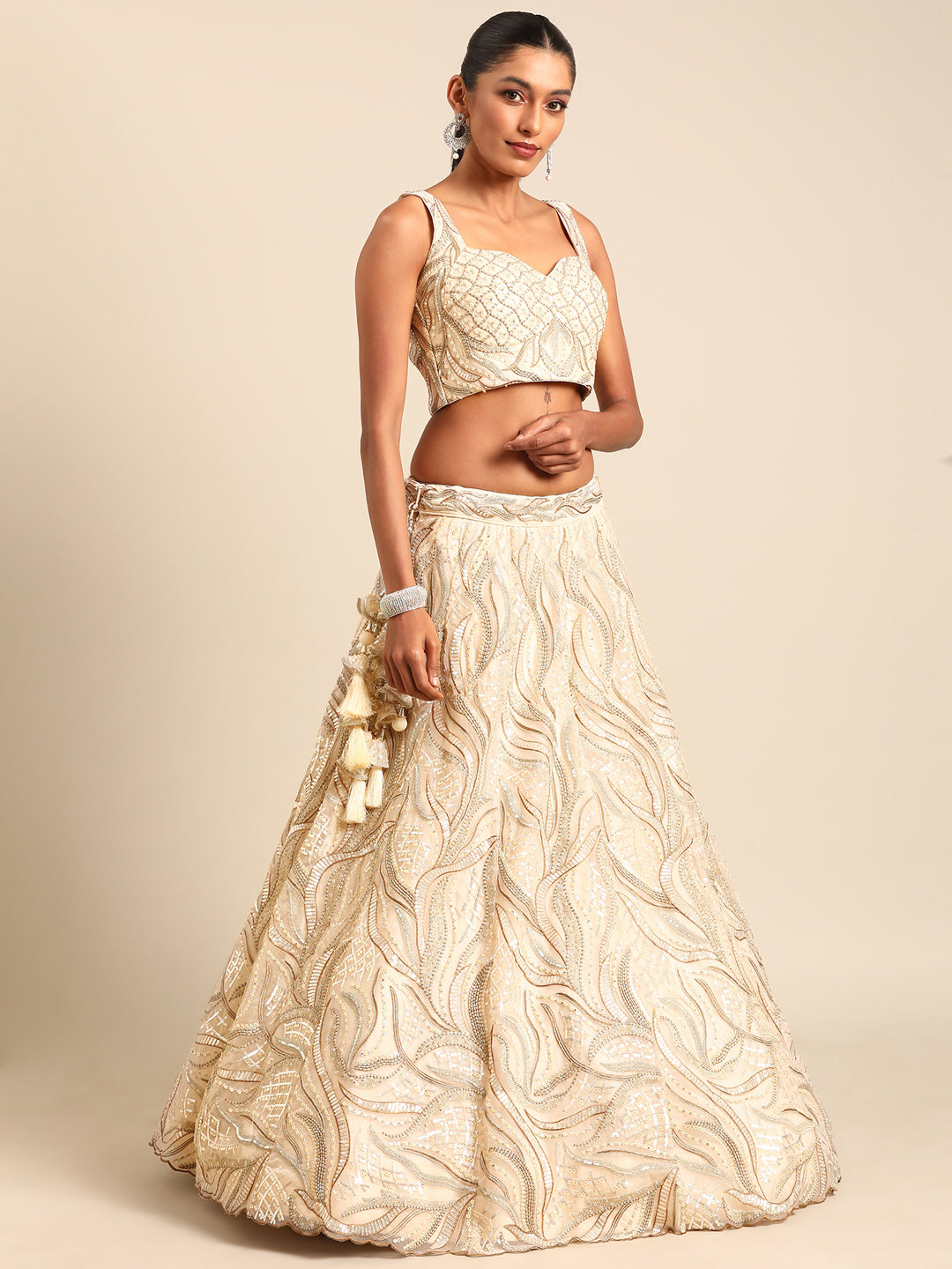 Captivating Cream Zari and Sequin Embroidered Lehenga Choli Set