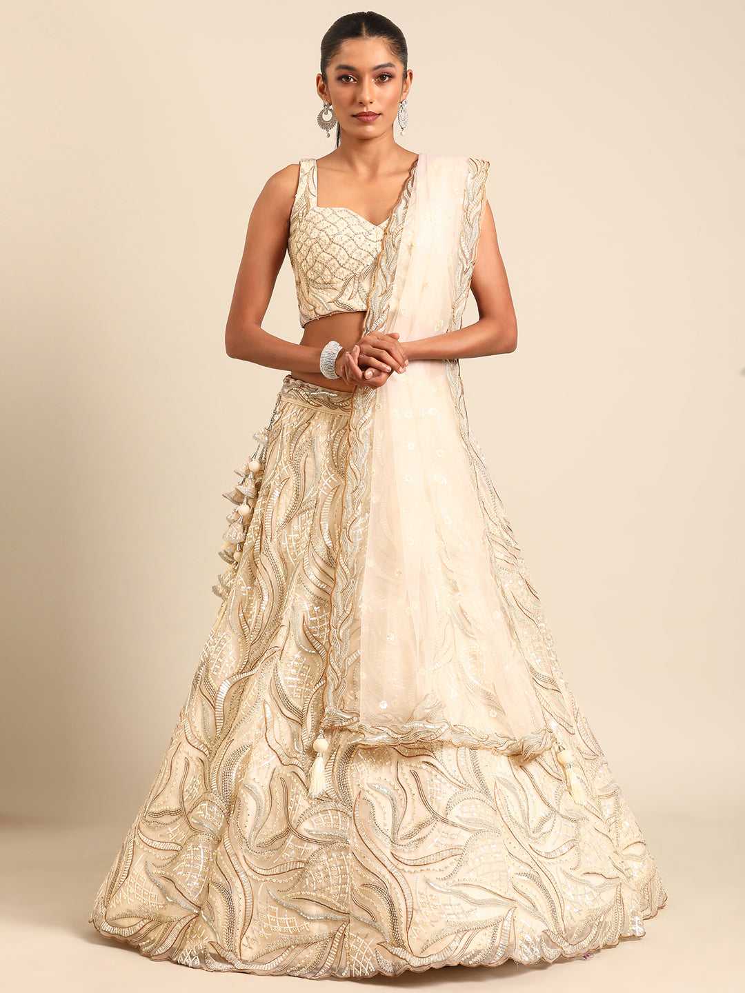 Captivating Cream Zari and Sequin Embroidered Lehenga Choli Set