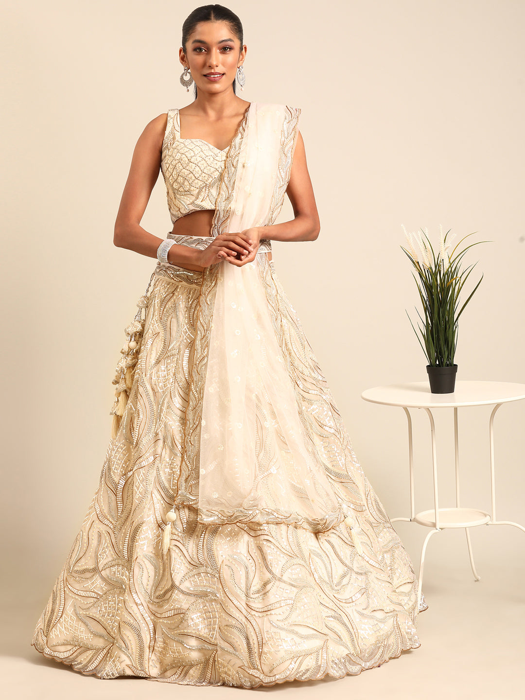 Captivating Cream Zari and Sequin Embroidered Lehenga Choli Set