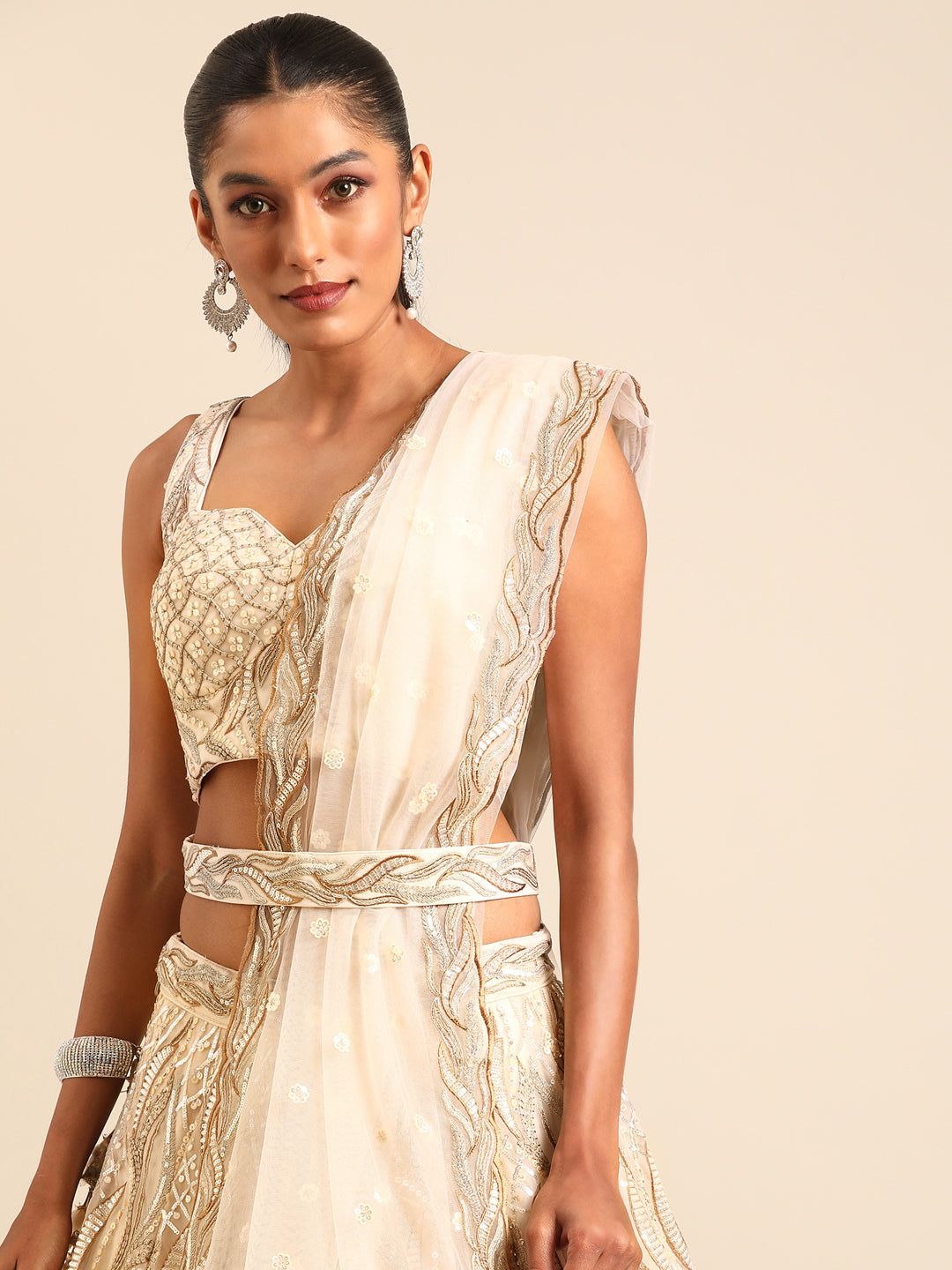Captivating Cream Zari and Sequin Embroidered Lehenga Choli Set