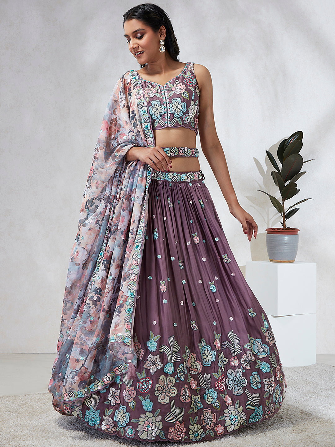 Captivating Lavender Sequinned Lehenga Choli Set with Thread Embroidery & Multicolor Dupatta